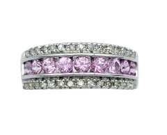 Channel-Set Pink Sapphire and Round Diamond Band Ring Set in 14 Karat White Gold