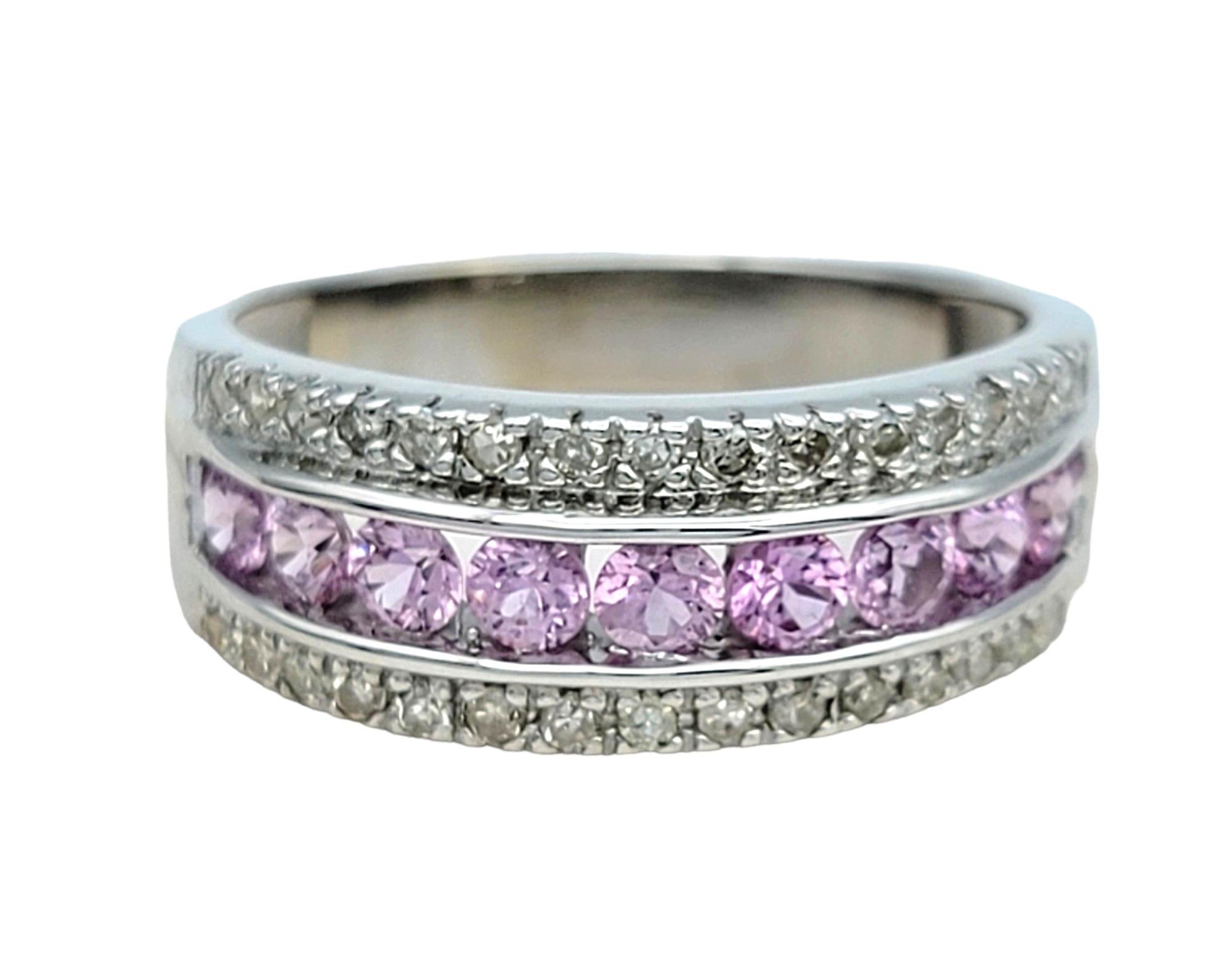 Contemporary Channel-Set Pink Sapphire and Round Diamond Band Ring Set in 14 Karat White Gold For Sale