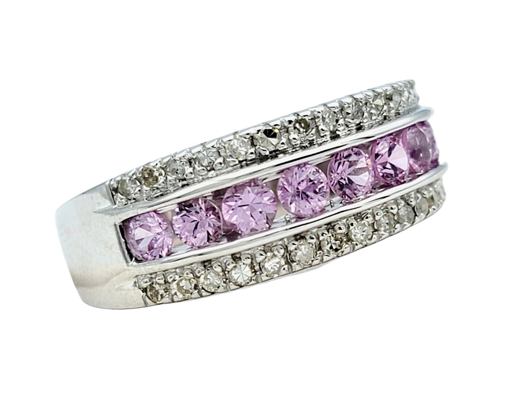 Round Cut Channel-Set Pink Sapphire and Round Diamond Band Ring Set in 14 Karat White Gold For Sale