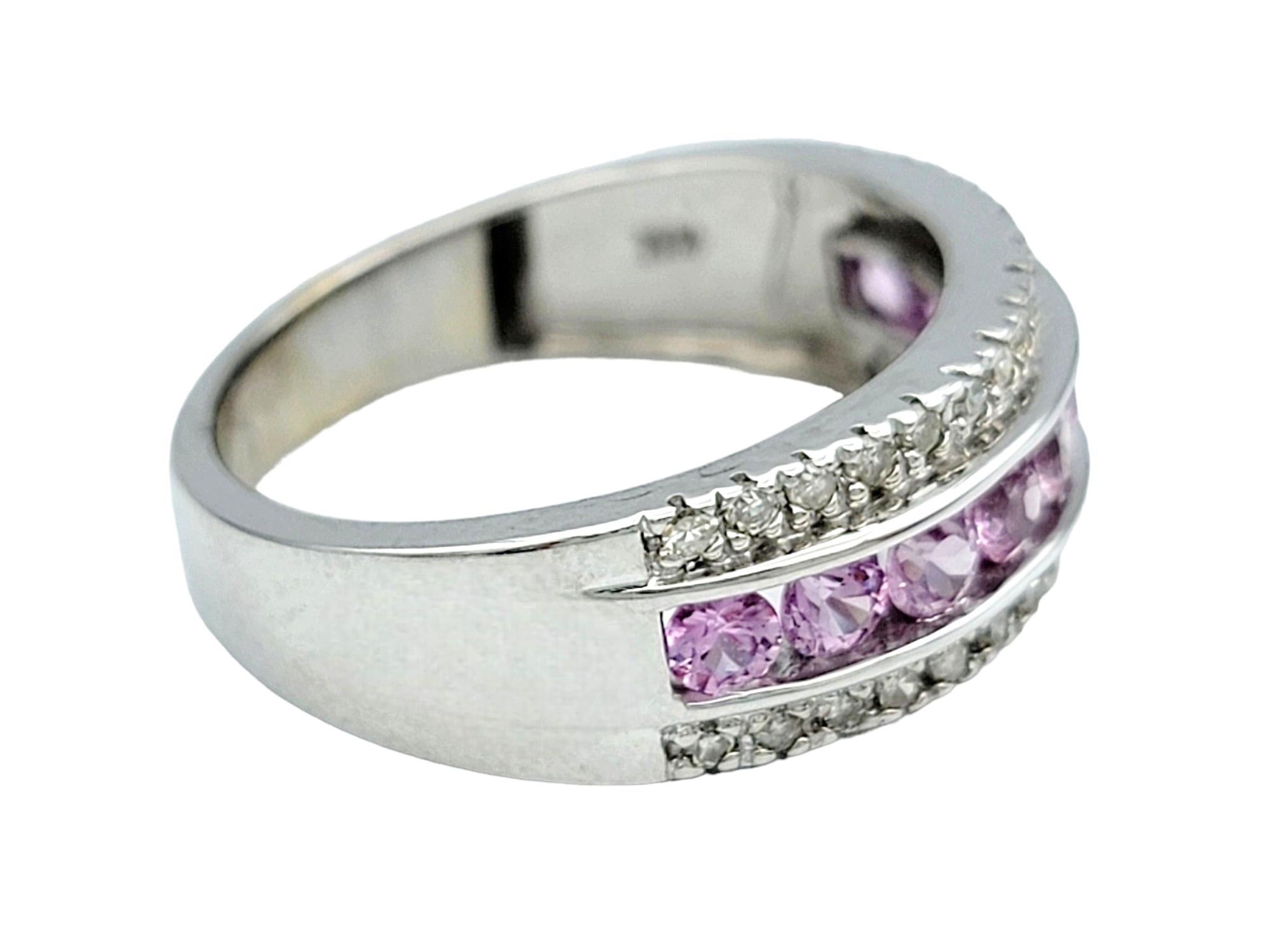 Channel-Set Pink Sapphire and Round Diamond Band Ring Set in 14 Karat White Gold In Good Condition For Sale In Scottsdale, AZ