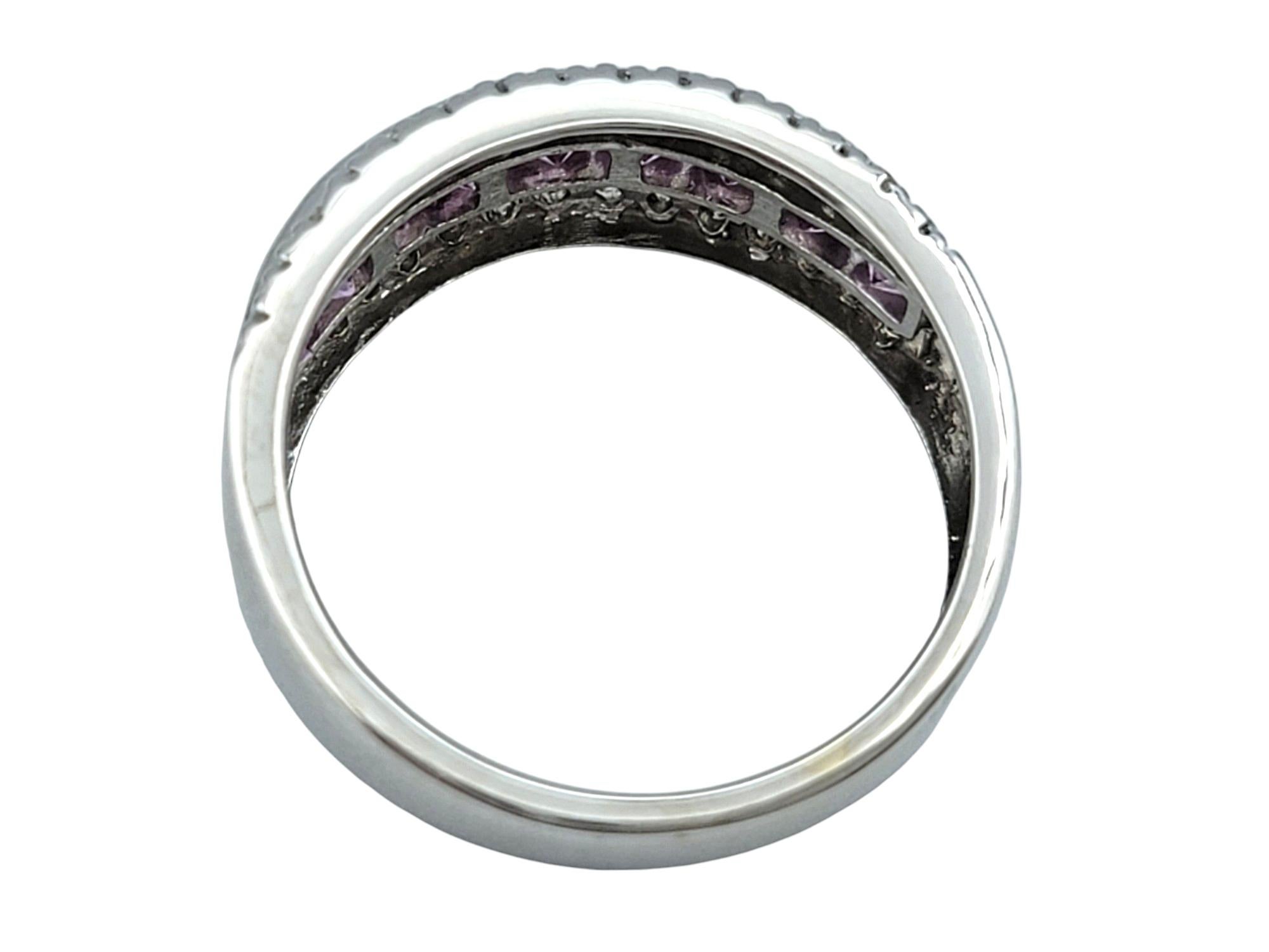 Women's Channel-Set Pink Sapphire and Round Diamond Band Ring Set in 14 Karat White Gold For Sale