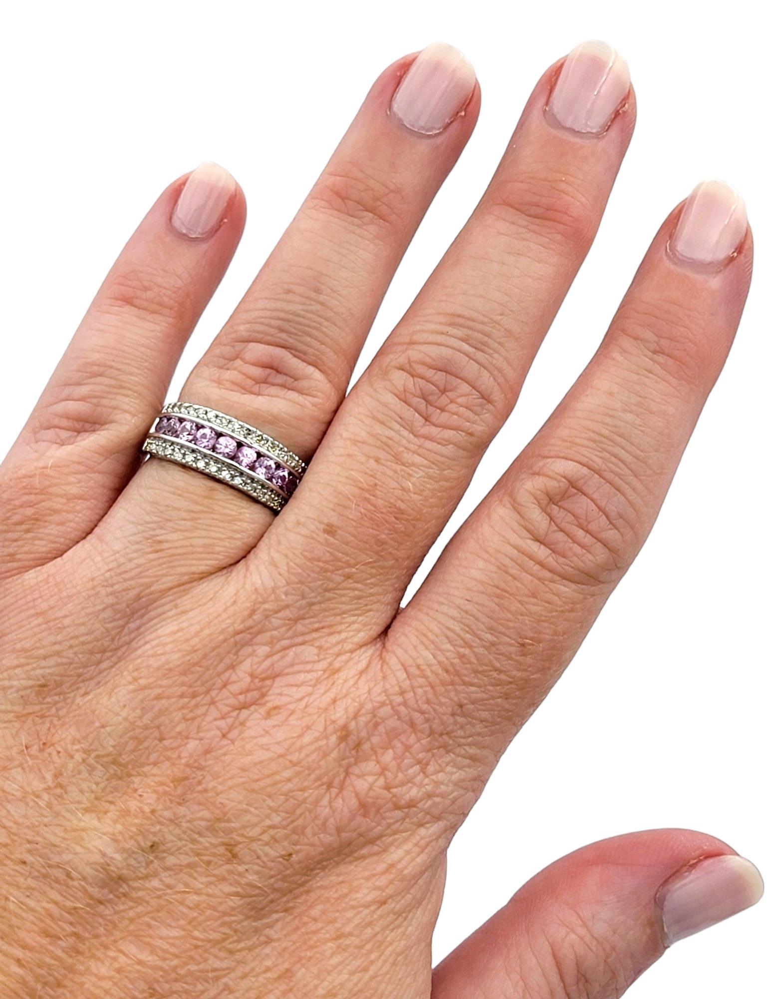 Channel-Set Pink Sapphire and Round Diamond Band Ring Set in 14 Karat White Gold For Sale 2