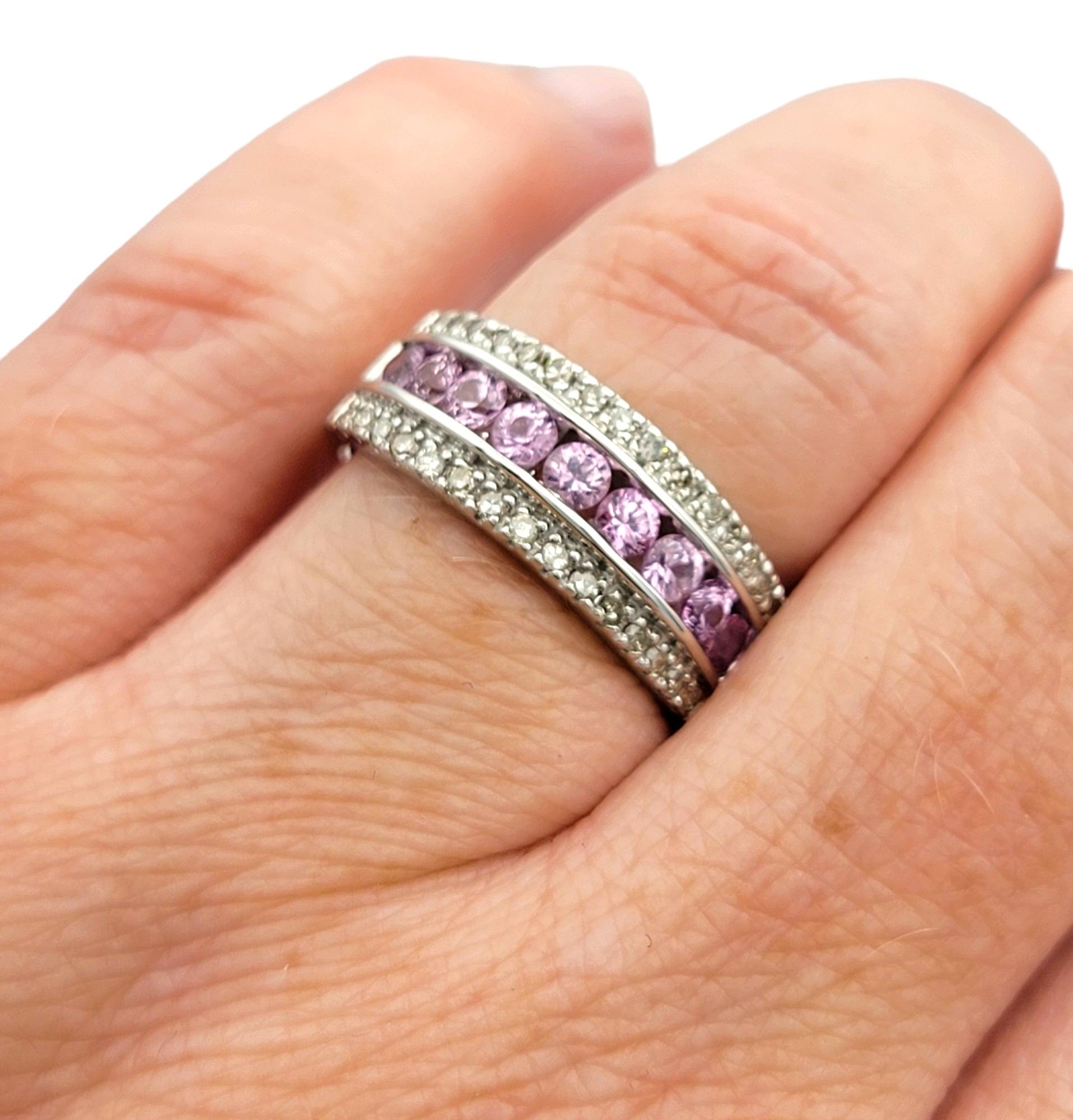 Channel-Set Pink Sapphire and Round Diamond Band Ring Set in 14 Karat White Gold For Sale 3