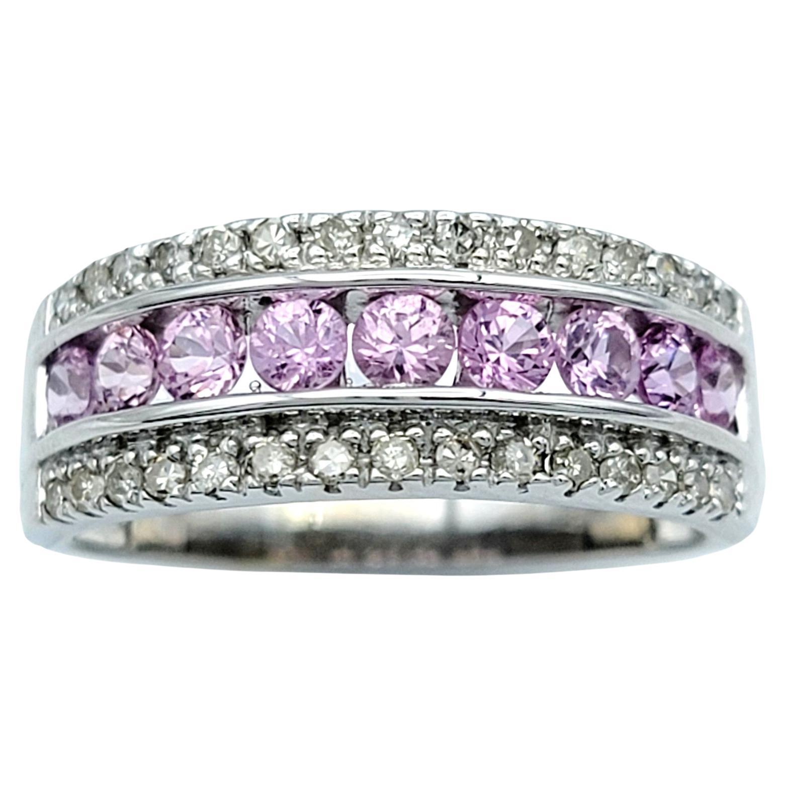 Channel-Set Pink Sapphire and Round Diamond Band Ring Set in 14 Karat White Gold For Sale