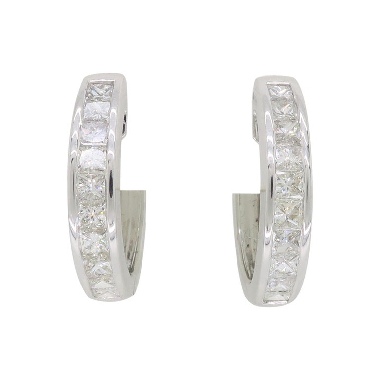 Channel Set Princess Cut Diamond Hoop Earrings in 18 Karat White Gold
