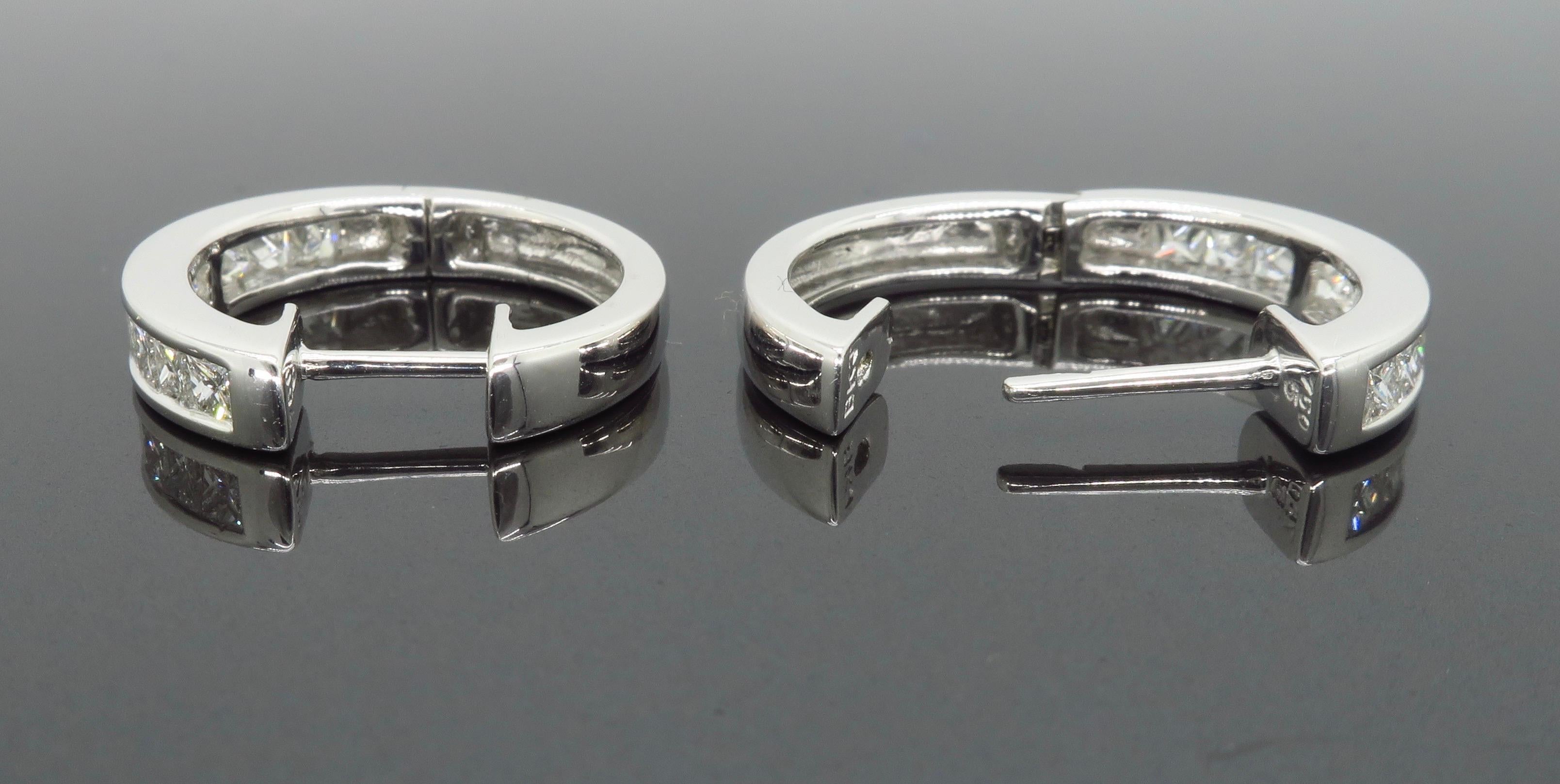Channel Set Princess Cut Diamond Hoop Earrings in 18 Karat White Gold In New Condition In Webster, NY