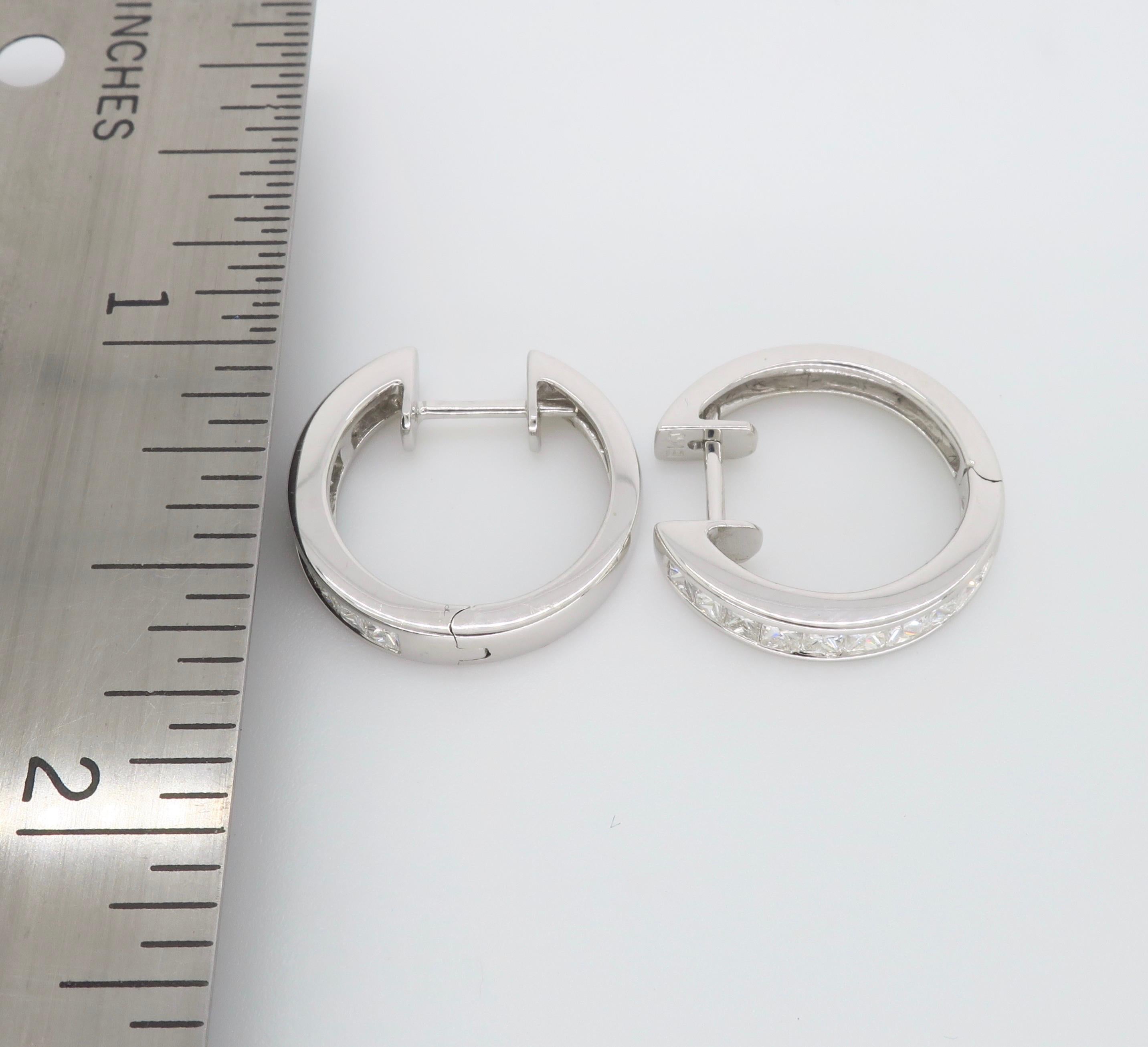Women's Channel Set Princess Cut Diamond Hoop Earrings in 18 Karat White Gold