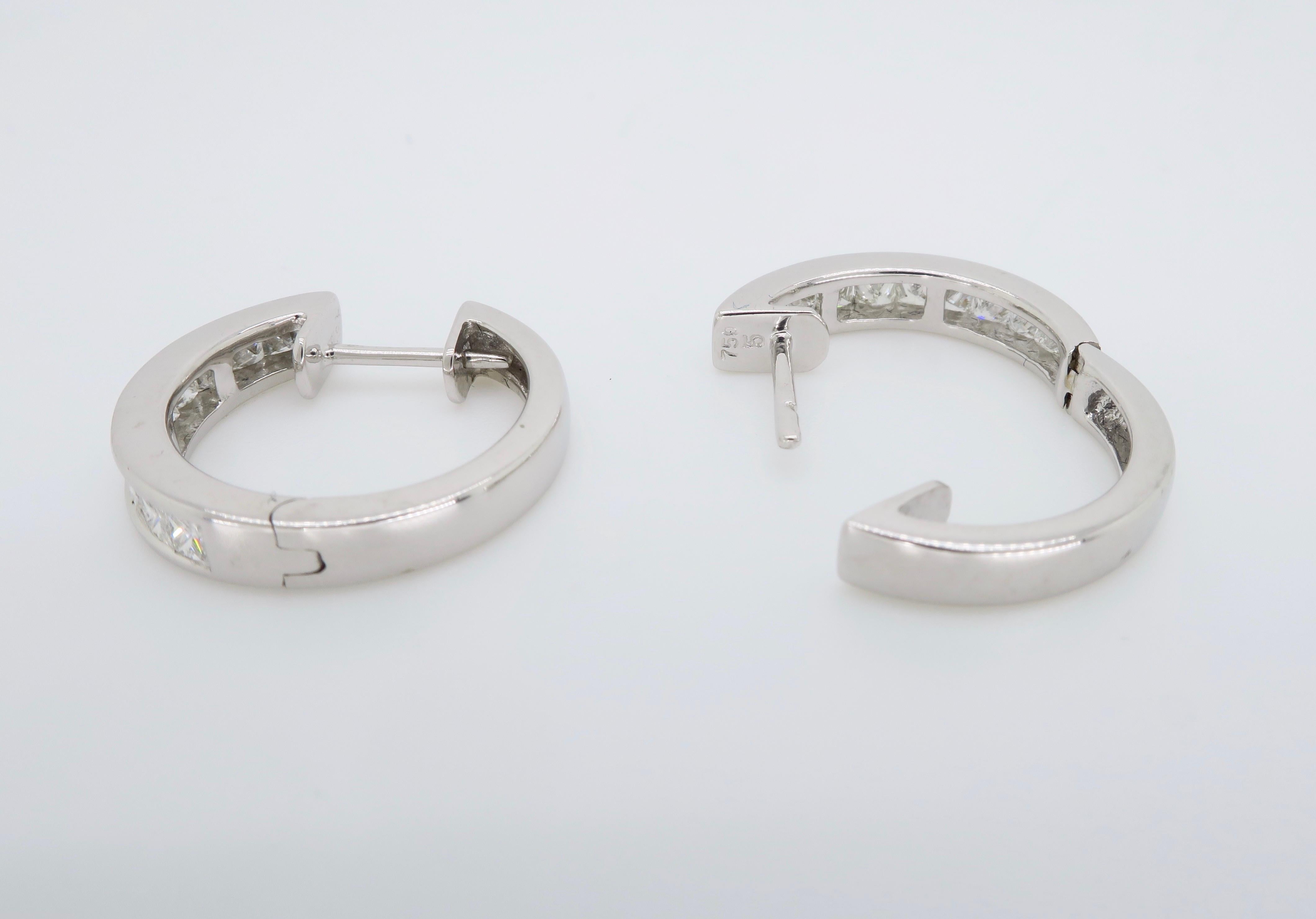 Channel Set Princess Cut Diamond Hoop Earrings in 18 Karat White Gold 1
