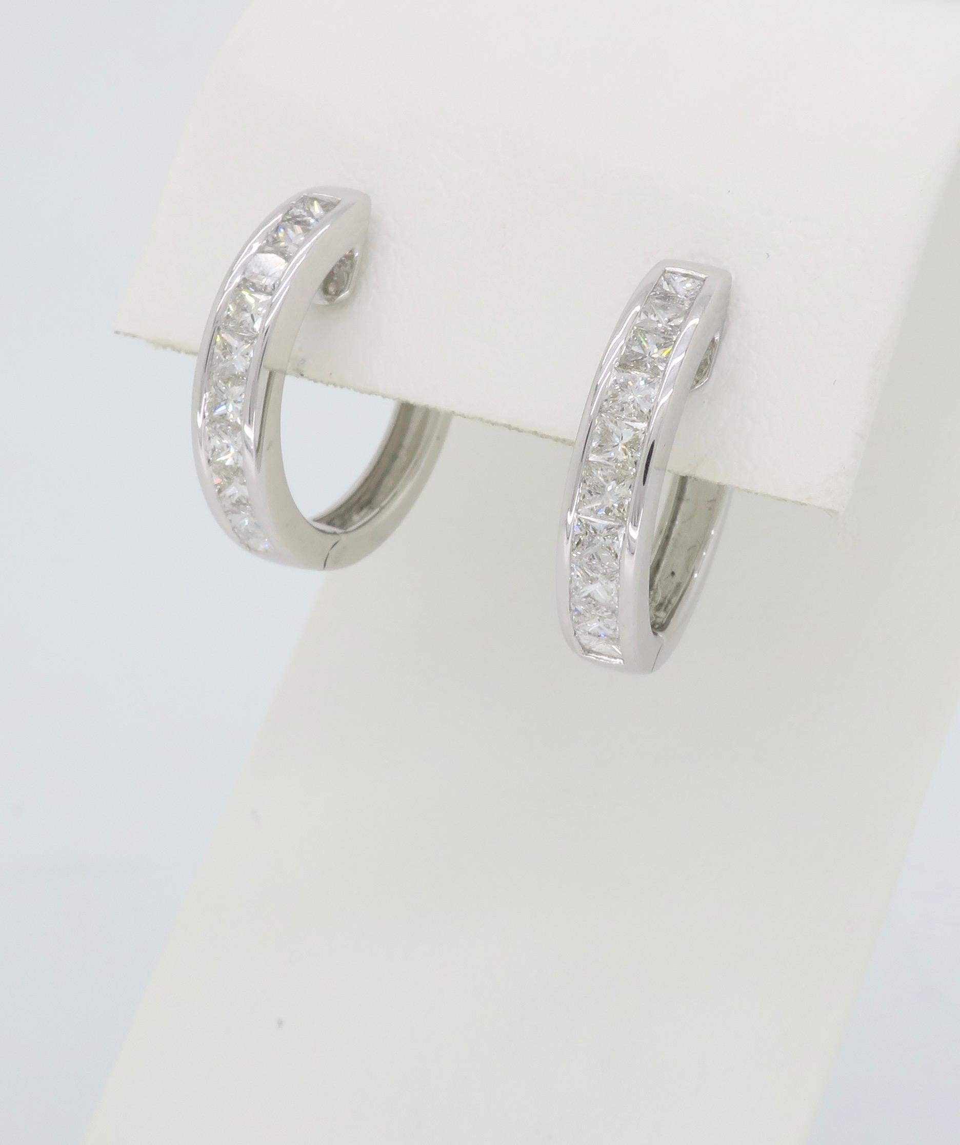 Channel Set Princess Cut Diamond Hoop Earrings in 18 Karat White Gold 2
