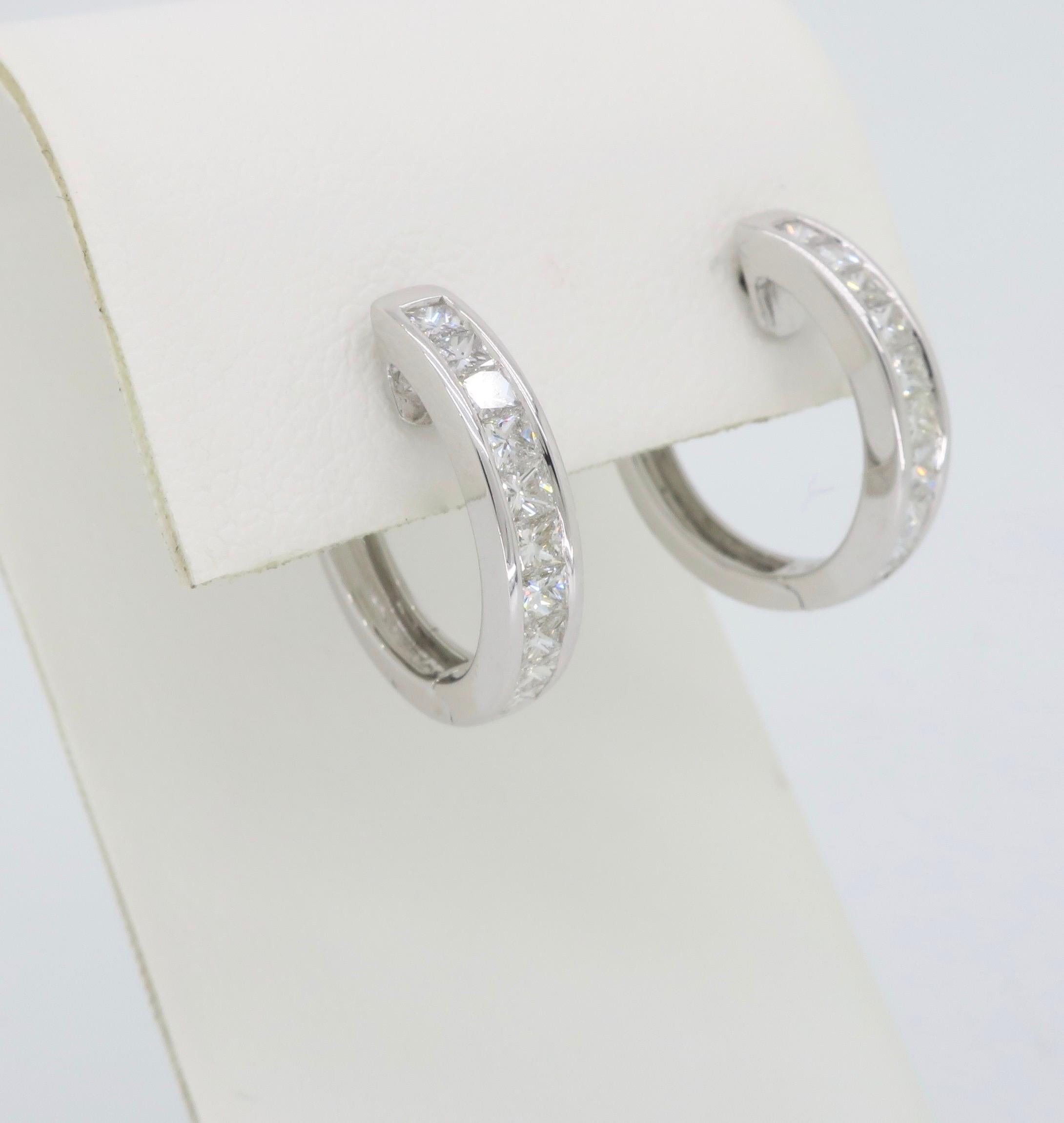 Channel Set Princess Cut Diamond Hoop Earrings in 18 Karat White Gold 3