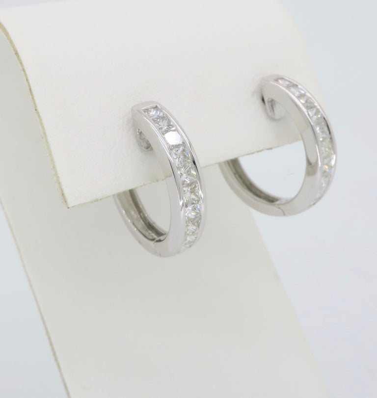Channel Set Princess Cut Diamond Hoop Earrings in 18 Karat White Gold