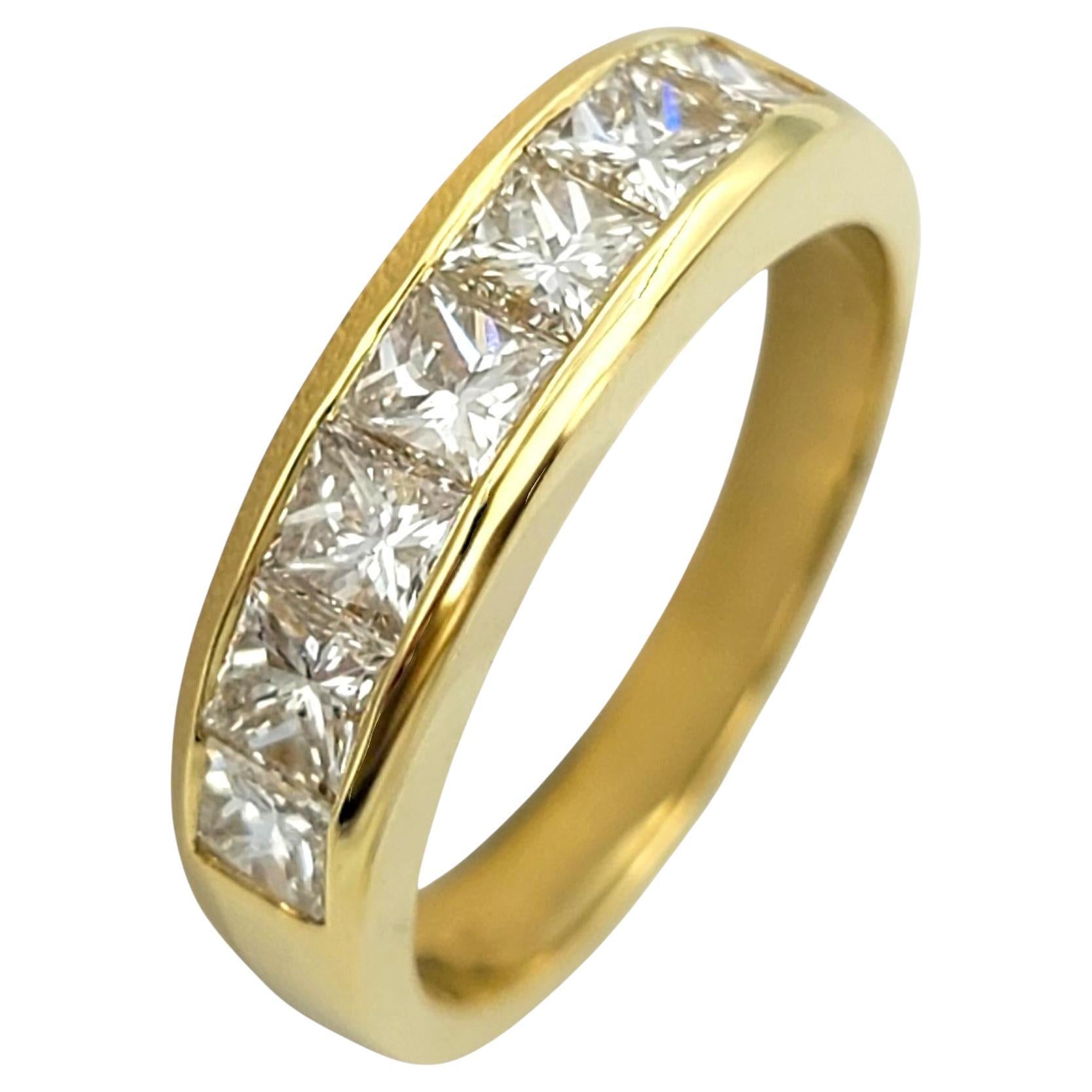 Channel Set Princess Cut Diamond Semi-Eternity Band Ring in 18 Karat Yellow Gold For Sale