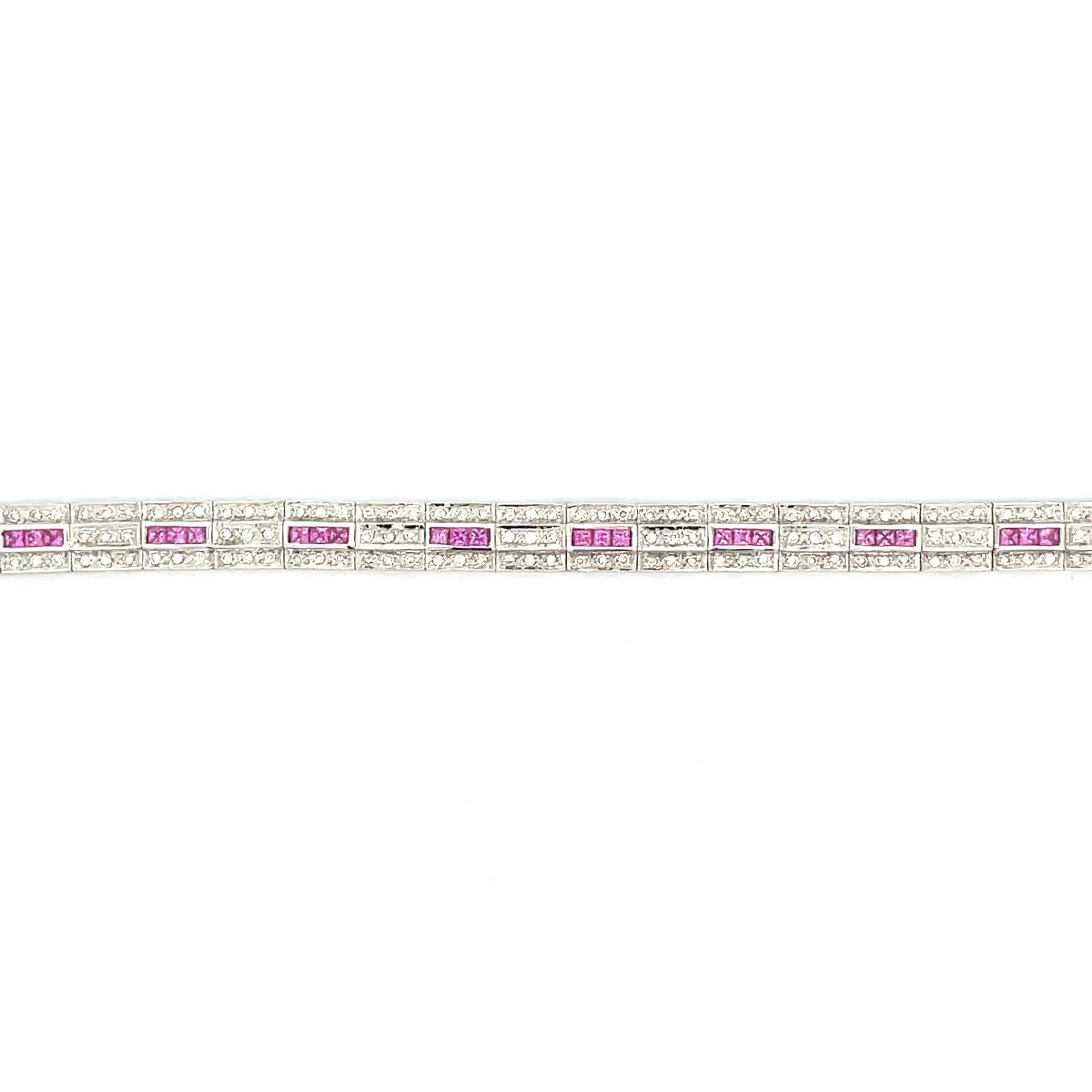 Contemporary Channel Set Princess Cut Pink Sapphire &  Diamond Bracelet in 18 Kt white Gold   For Sale