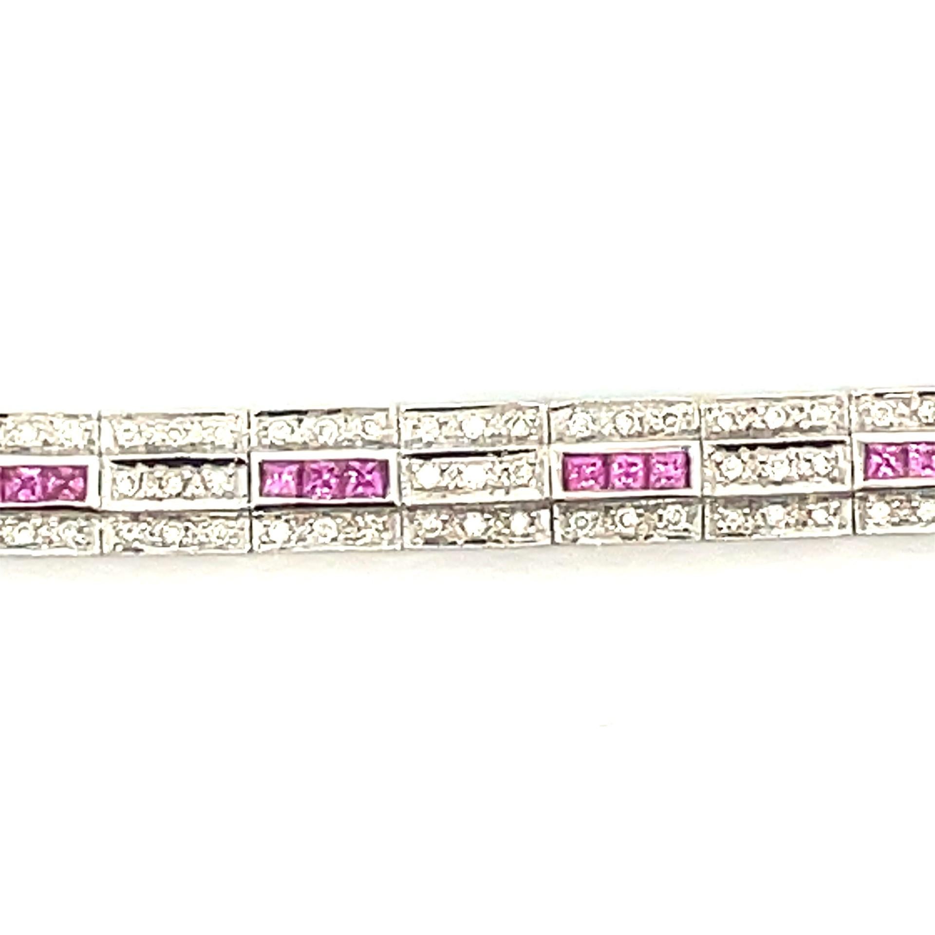 Channel Set Princess Cut Pink Sapphire &  Diamond Bracelet in 18 Kt white Gold   For Sale 1