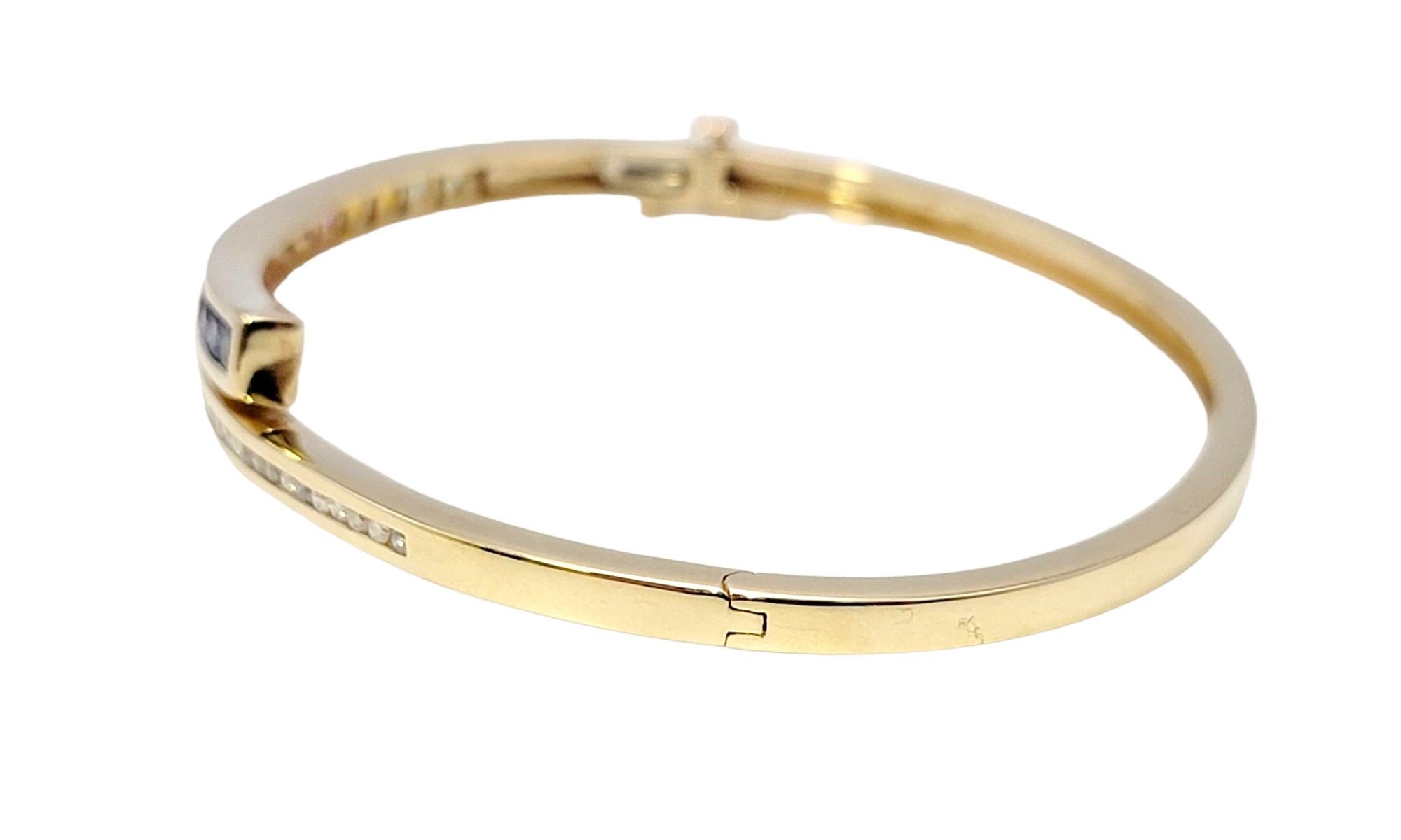 Women's  Channel Set Rainbow Sapphire and Diamond Bypass Bangle Bracelet in Yellow Gold For Sale