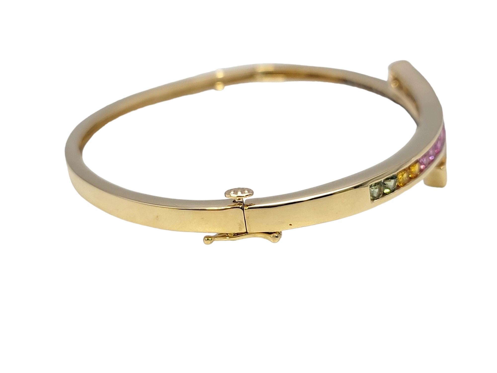  Channel Set Rainbow Sapphire and Diamond Bypass Bangle Bracelet in Yellow Gold For Sale 1