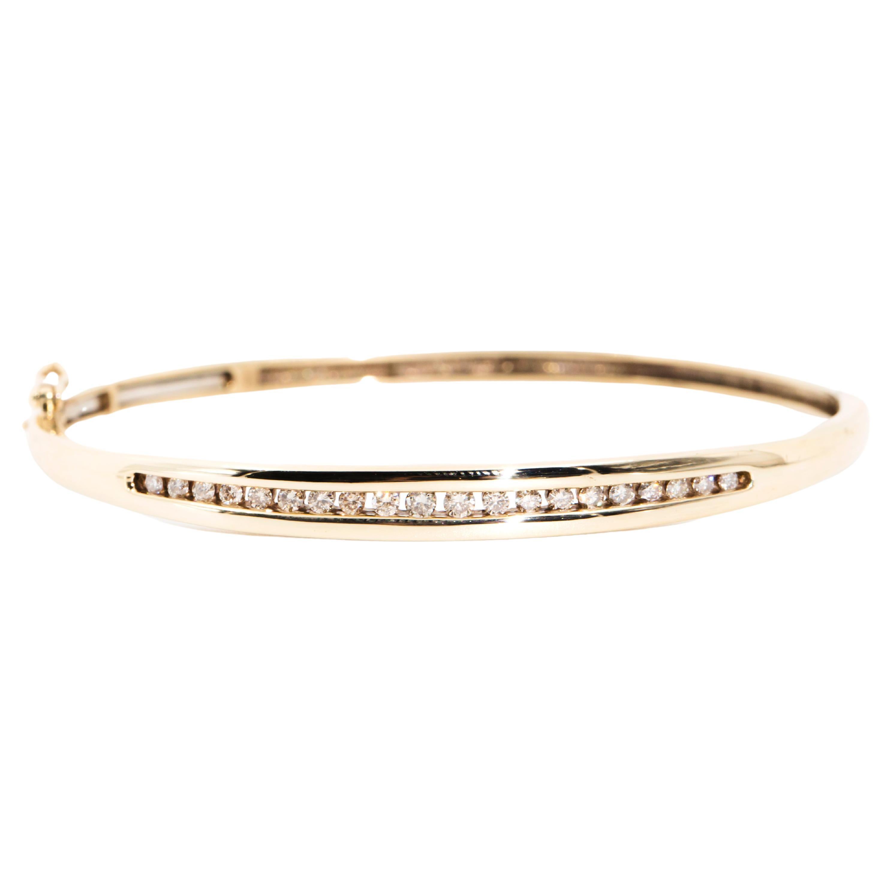 Channel Set Round Brilliant Diamond Vintage Hinged Bangle in 9 Carat Yellow Gold