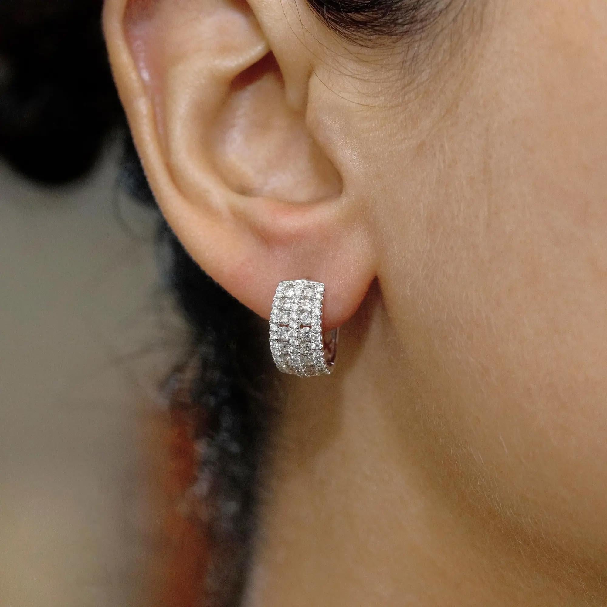 Channel Set Round Cut Diamond Huggie Earrings 18K White Gold 1.40Cttw In New Condition For Sale In New York, NY