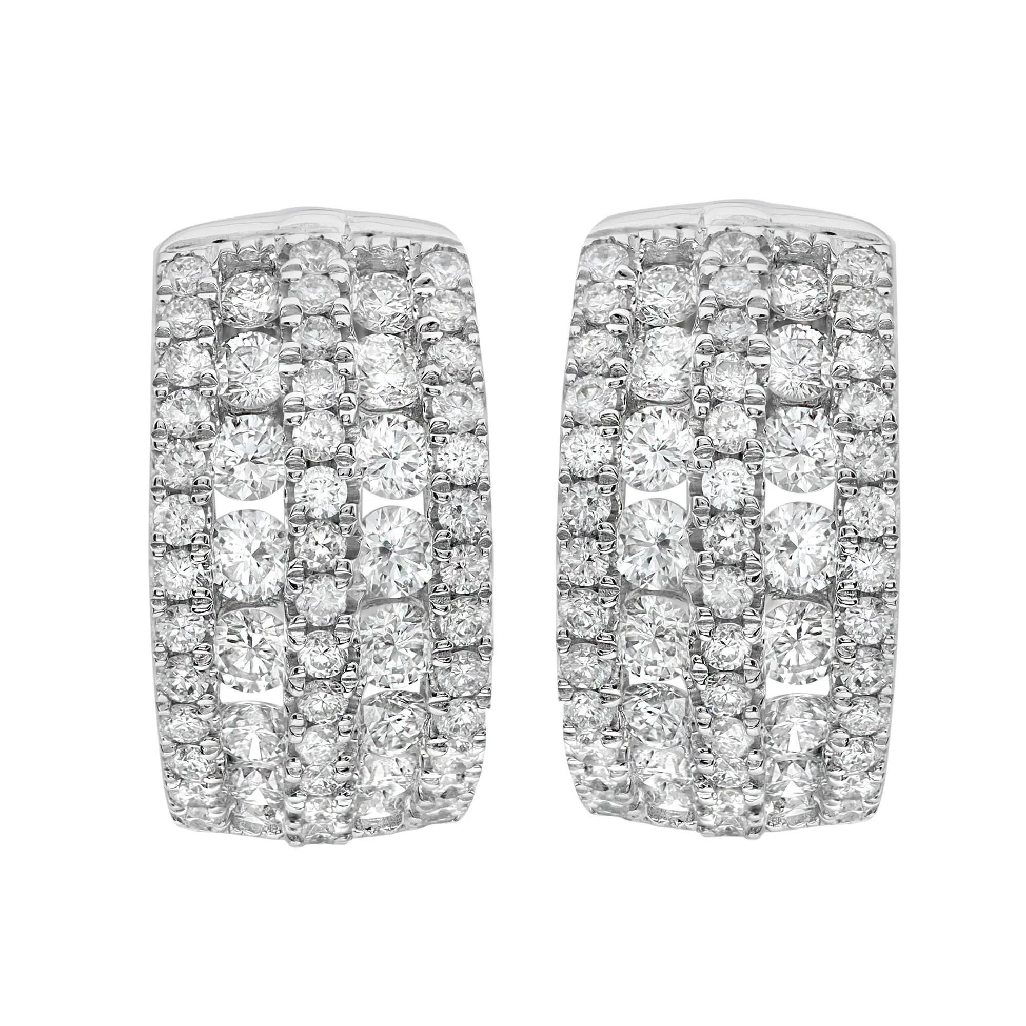 Channel Set Round Cut Diamond Huggie Earrings 18K White Gold 1.40Cttw For Sale