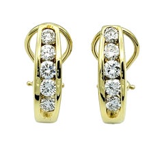 Channel Set Round Diamond Half Hoop Pierced Earrings in 18 Karat Yellow Gold