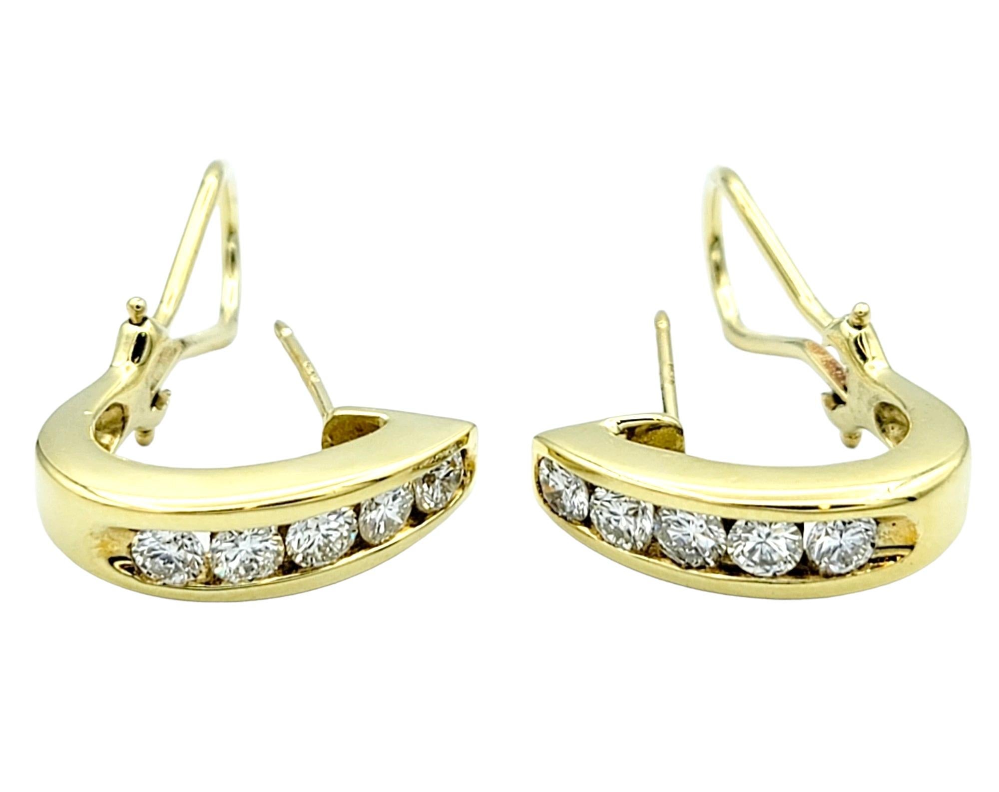 Contemporary Channel Set Round Diamond Half Hoop Pierced Earrings in 18 Karat Yellow Gold  For Sale