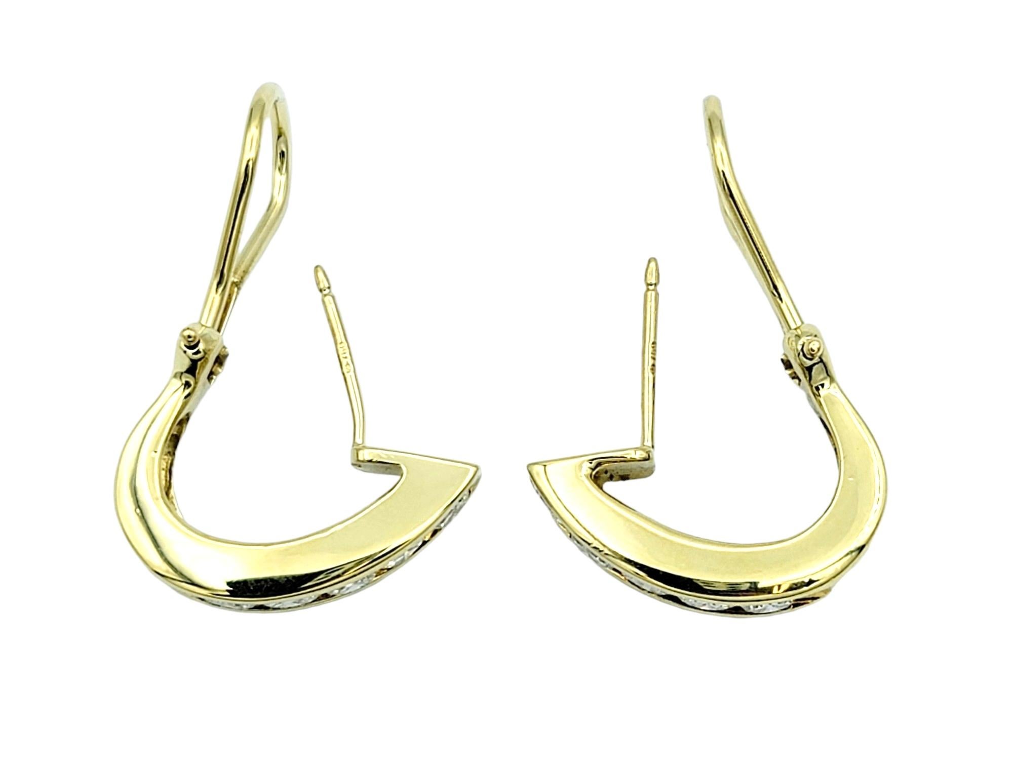Round Cut Channel Set Round Diamond Half Hoop Pierced Earrings in 18 Karat Yellow Gold  For Sale