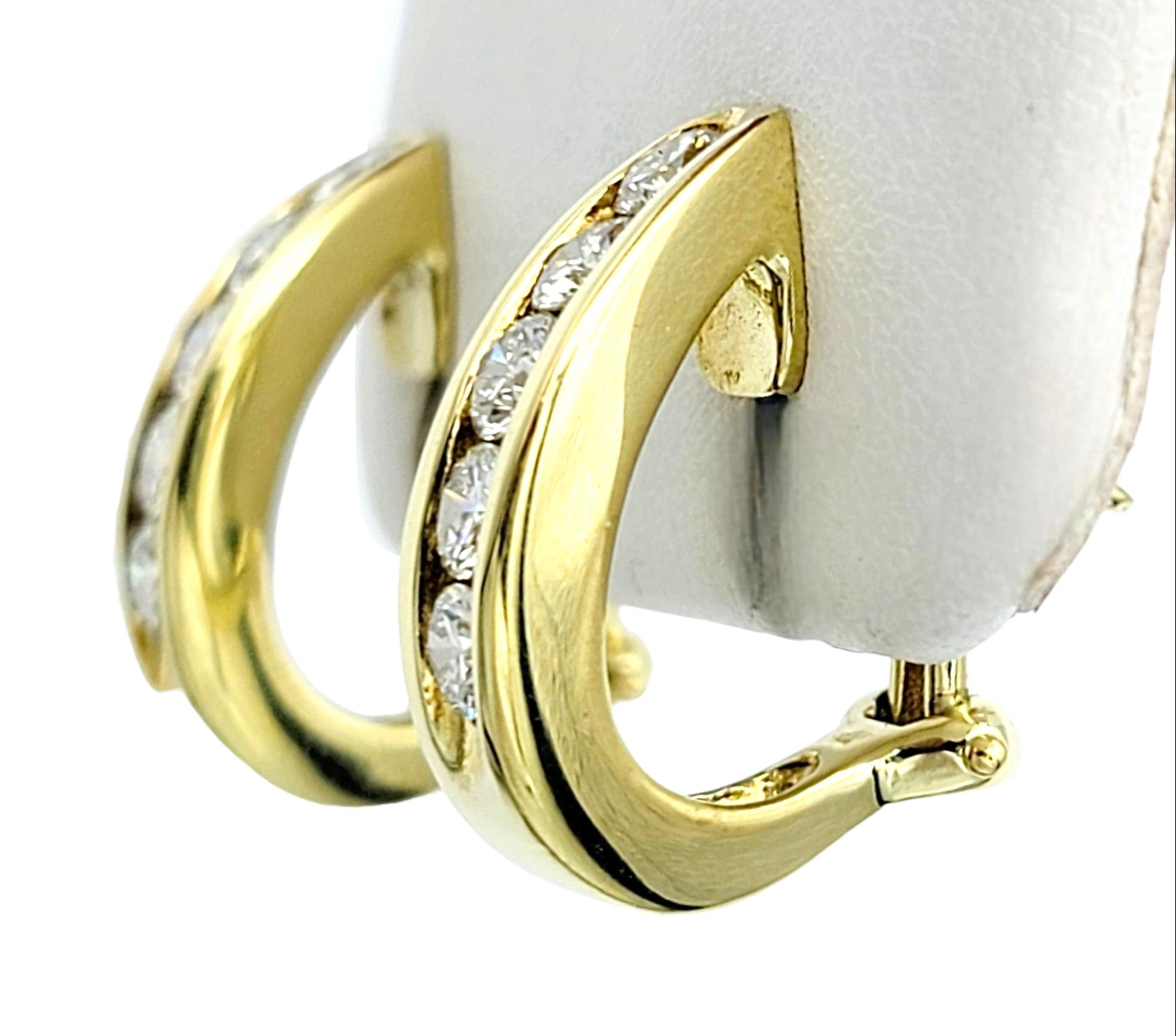 Women's Channel Set Round Diamond Half Hoop Pierced Earrings in 18 Karat Yellow Gold  For Sale