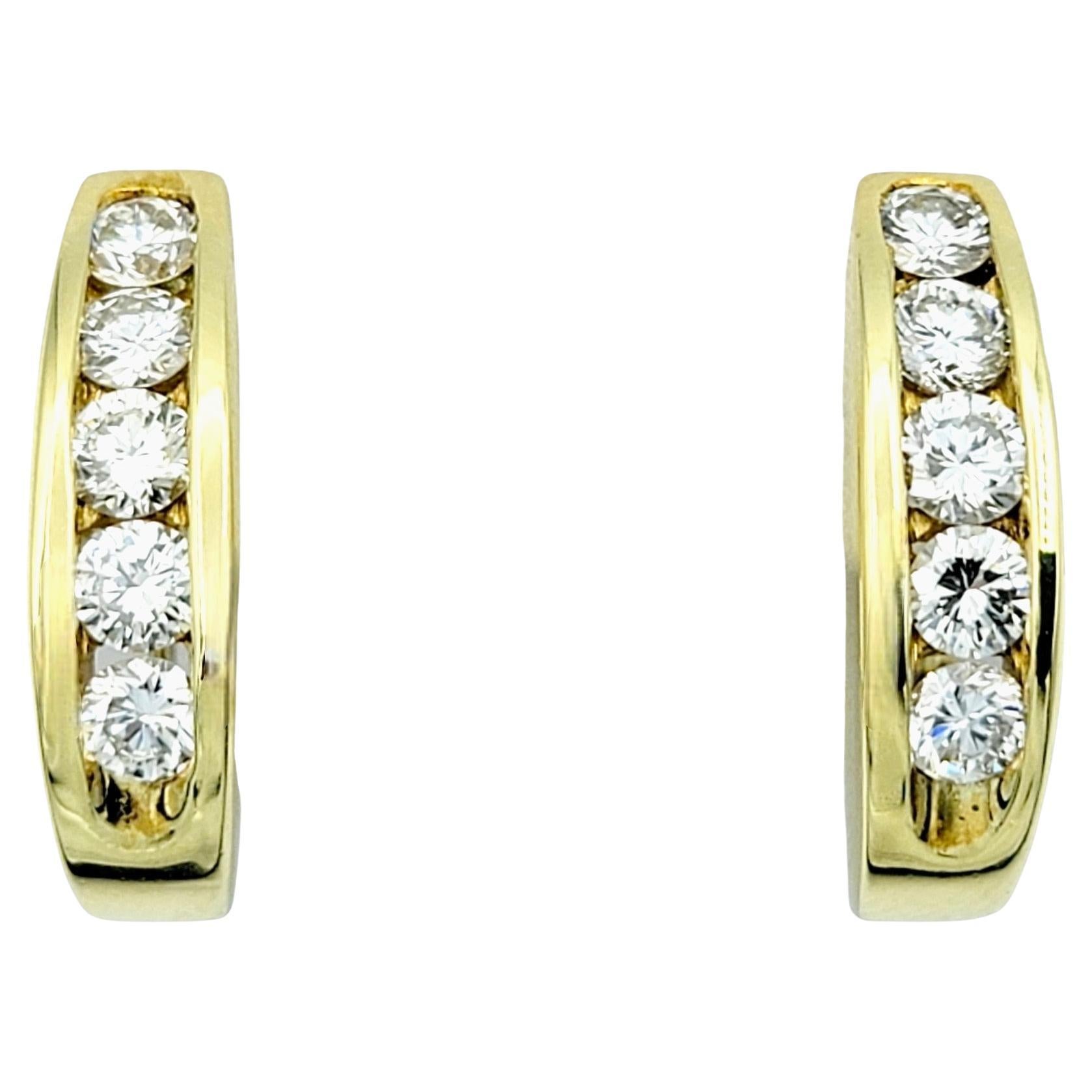 Channel Set Round Diamond Half Hoop Pierced Earrings in 18 Karat Yellow Gold  For Sale