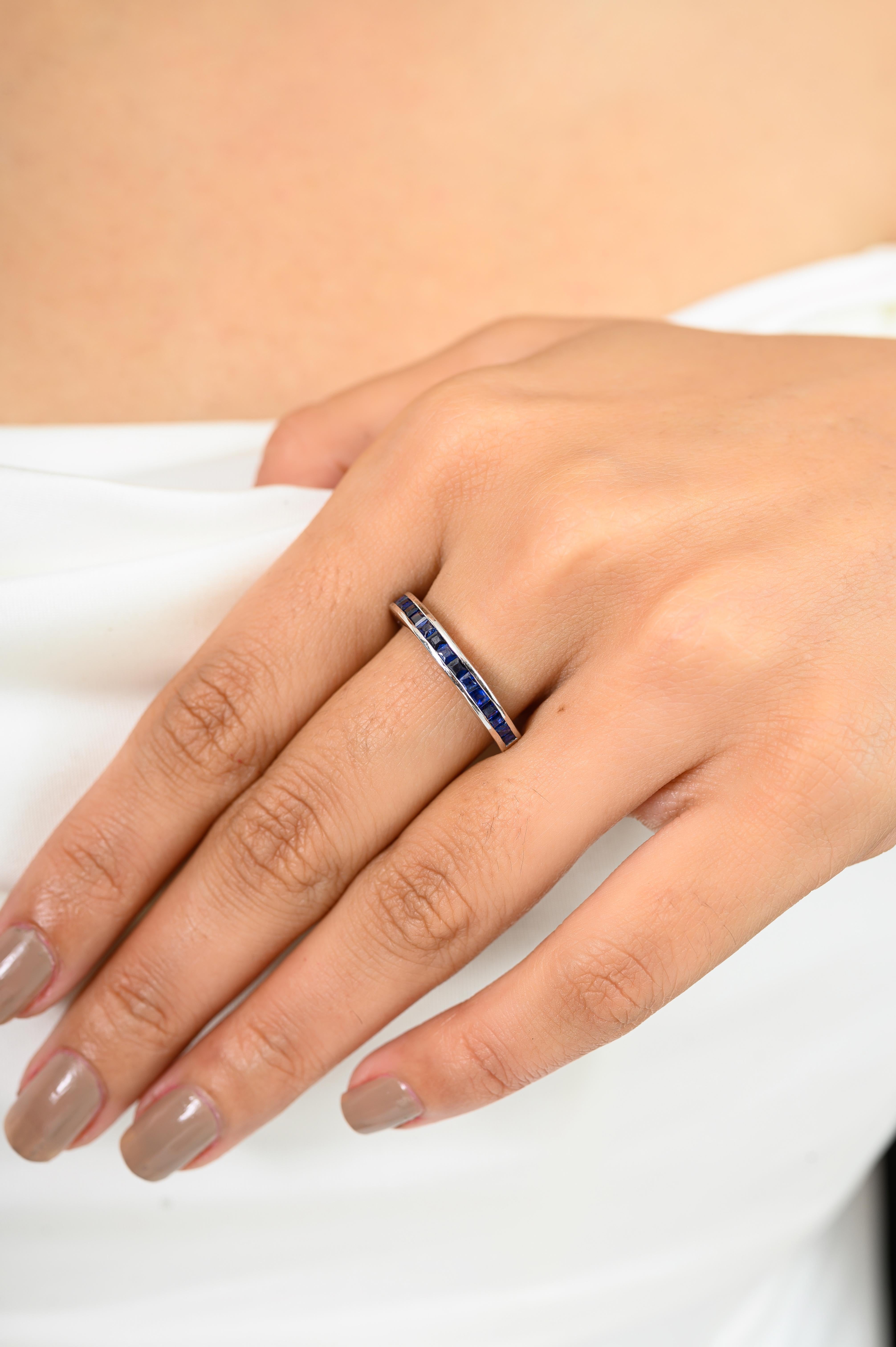 For Sale:  Channel Set Royal Blue Sapphire Half Band Unisex Ring Gift for Him in 925 Silver 8