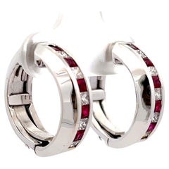 Vintage Channel Set Ruby and Diamond Hoop Earrings 18k White Gold