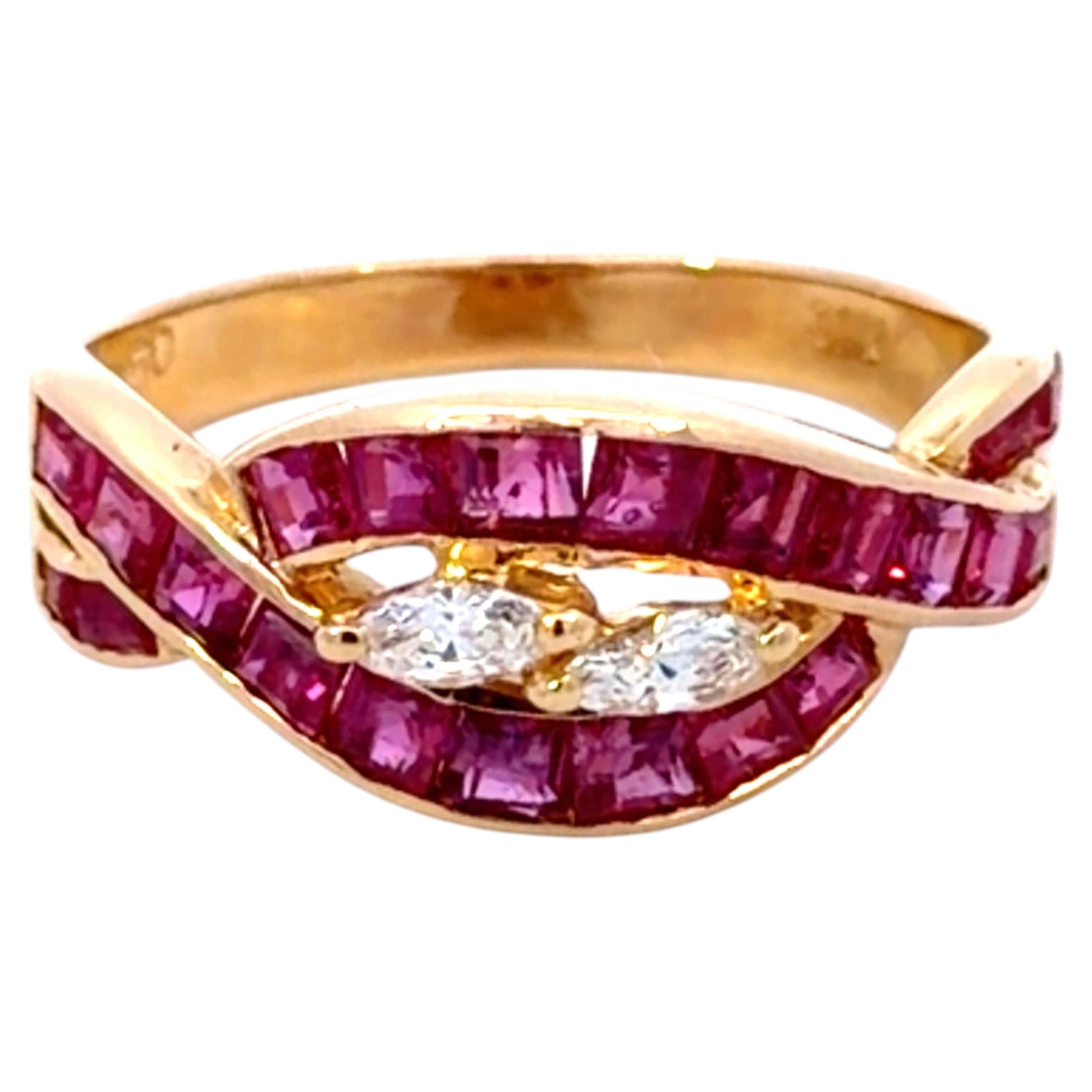Channel Set Ruby and Marquise Diamond Band Ring 18k Yellow Gold