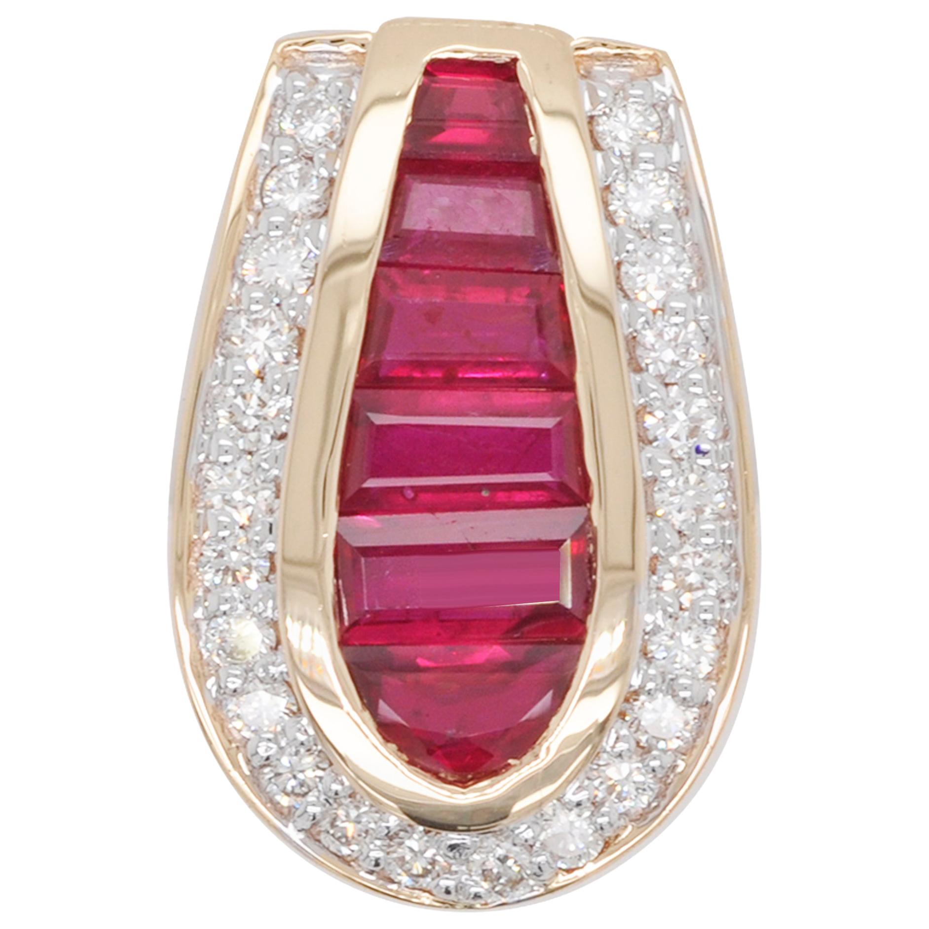  18 Karat Gold Channel Set Burma Ruby Baguettes Diamond Art Deco Style Pendant 
