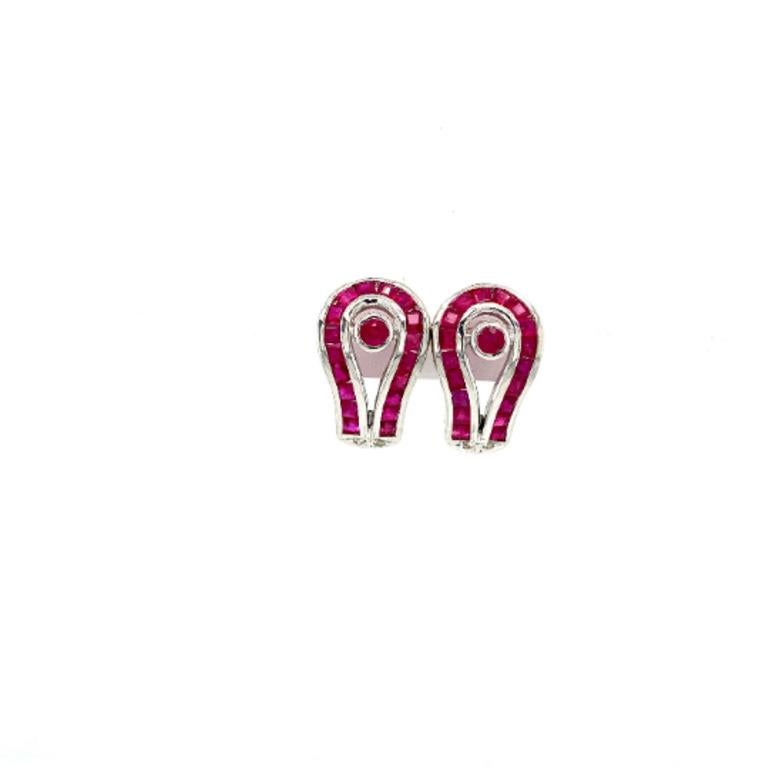 Mixed Cut Statement Square Cut Ruby Pushback Stud Earrings for Women in Sterling Silver For Sale