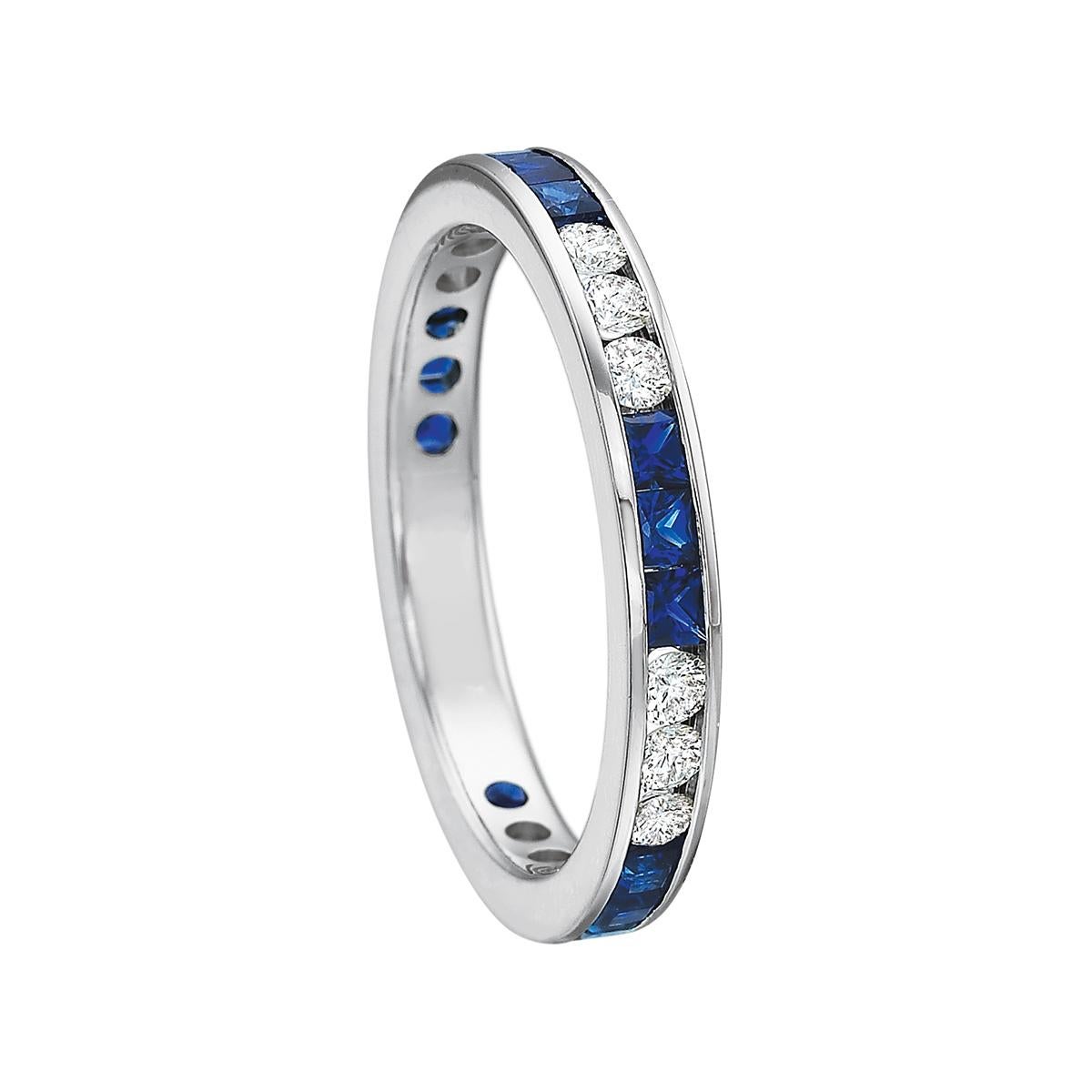 Channel-set eternity band ring, featuring three princess-cut sapphires alternating with three round-cut diamonds, in polished platinum.

Fifteen sapphires weighing 0.90 total carats
Fifteen diamonds weighing 0.50 total carats
3mm wide
Size 6
