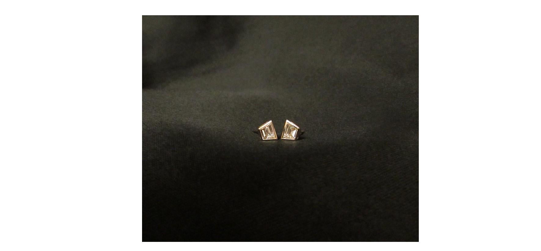 Artisan Channel Set Trapeze Cut Diamond Stud Earrings in 18k Yellow Gold For Sale