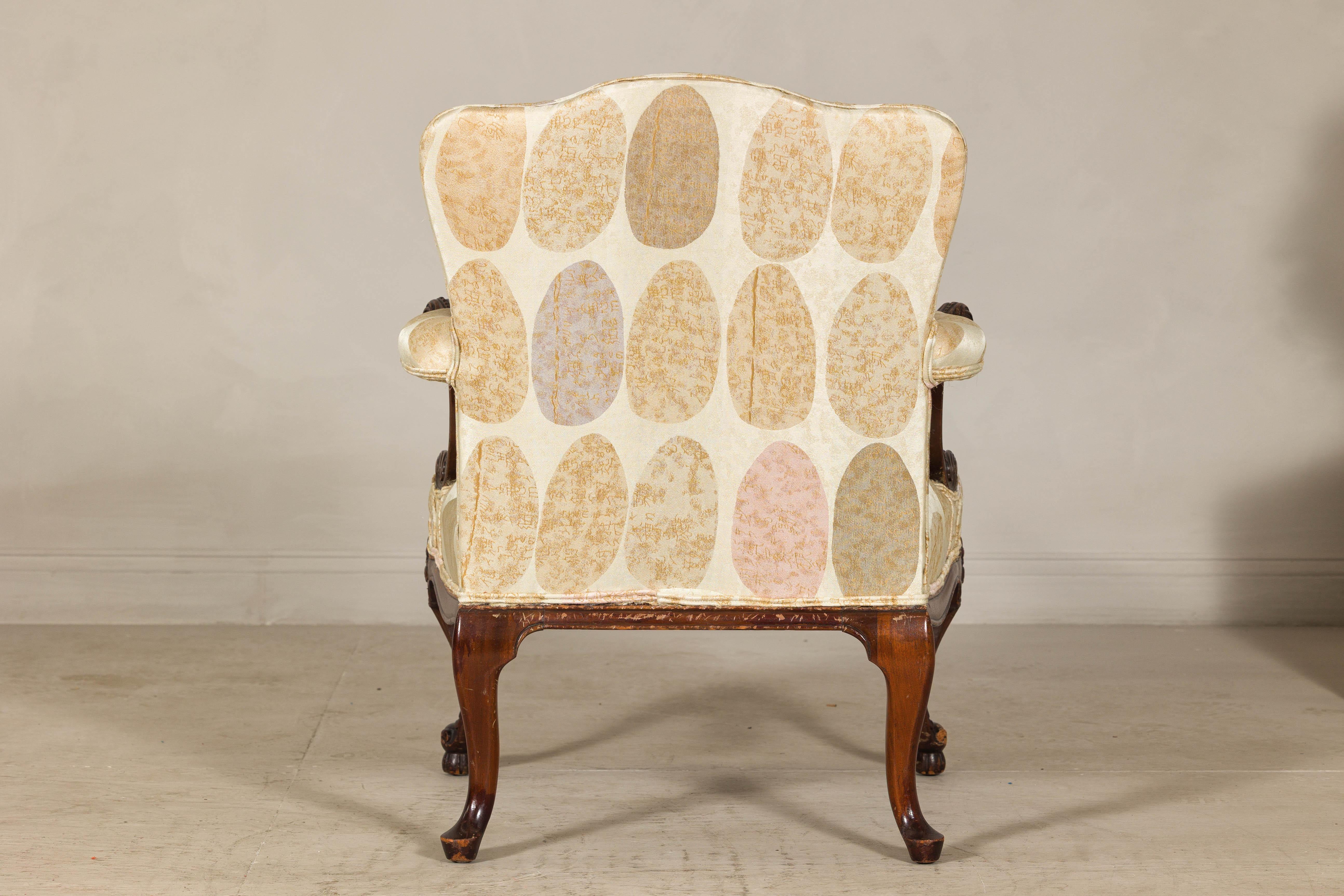 Channel-Tufted Armchair with Carved Frame and Calligraphy Motif Upholstery For Sale 4