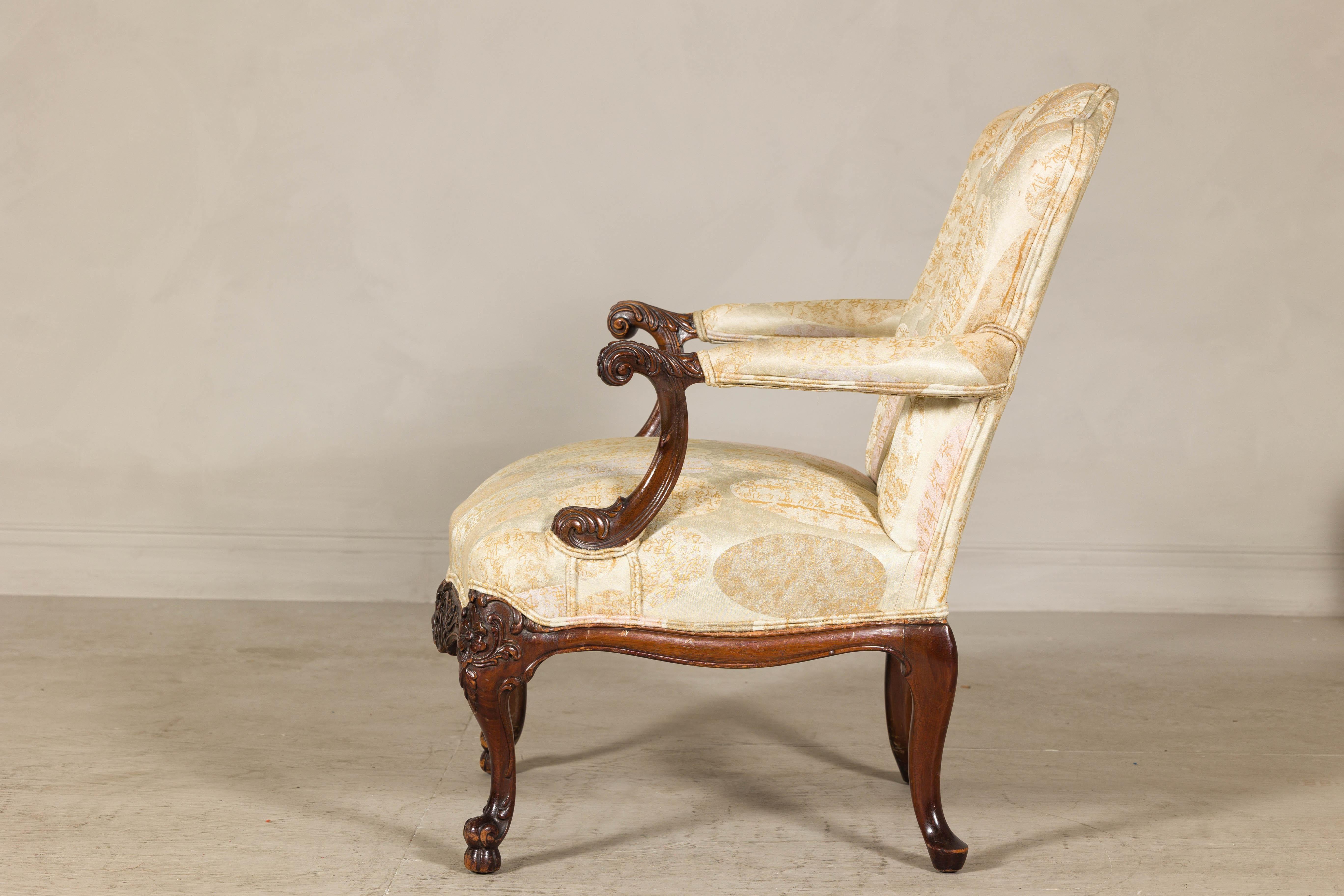 Channel-Tufted Armchair with Carved Frame and Calligraphy Motif Upholstery For Sale 5