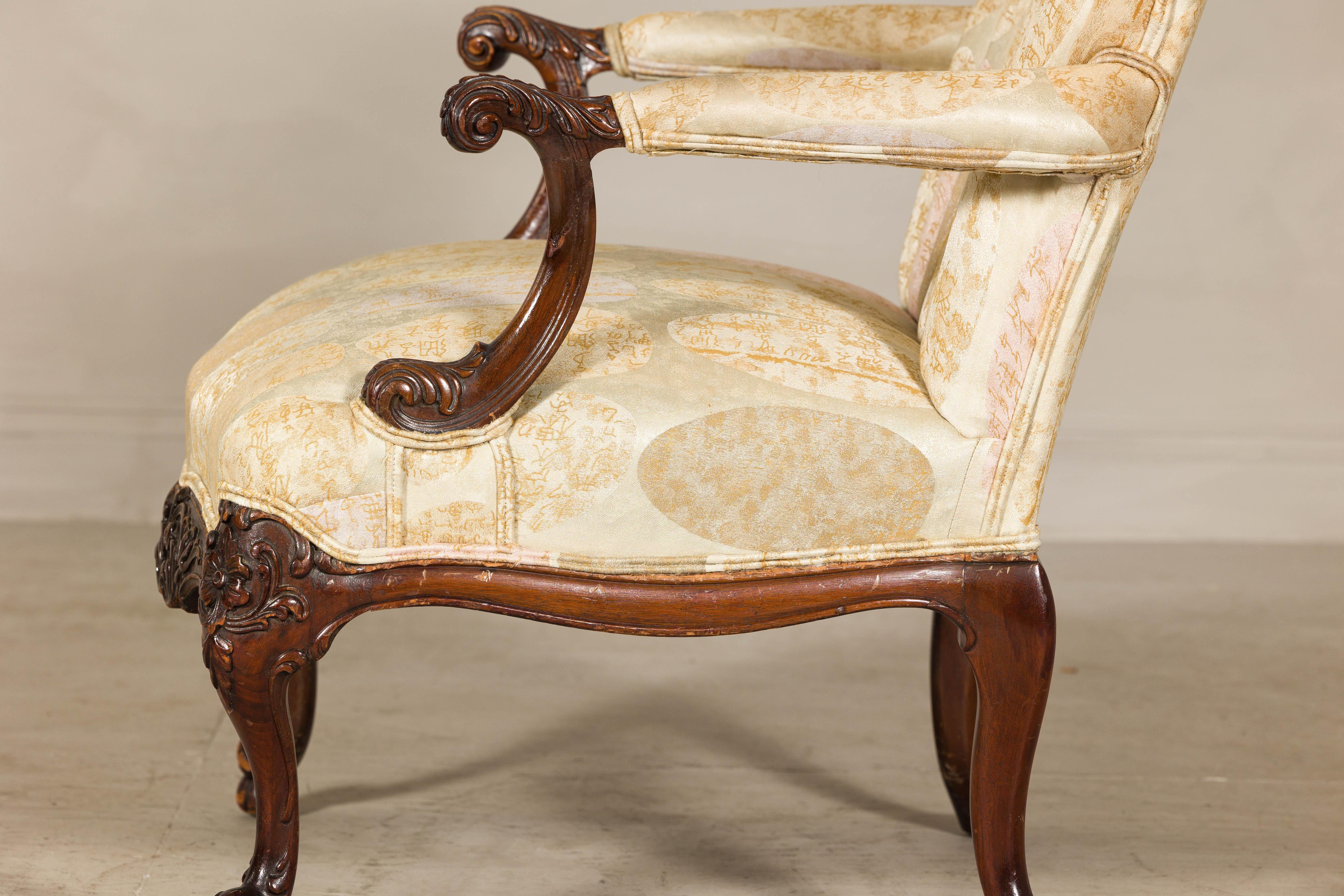 Channel-Tufted Armchair with Carved Frame and Calligraphy Motif Upholstery For Sale 6