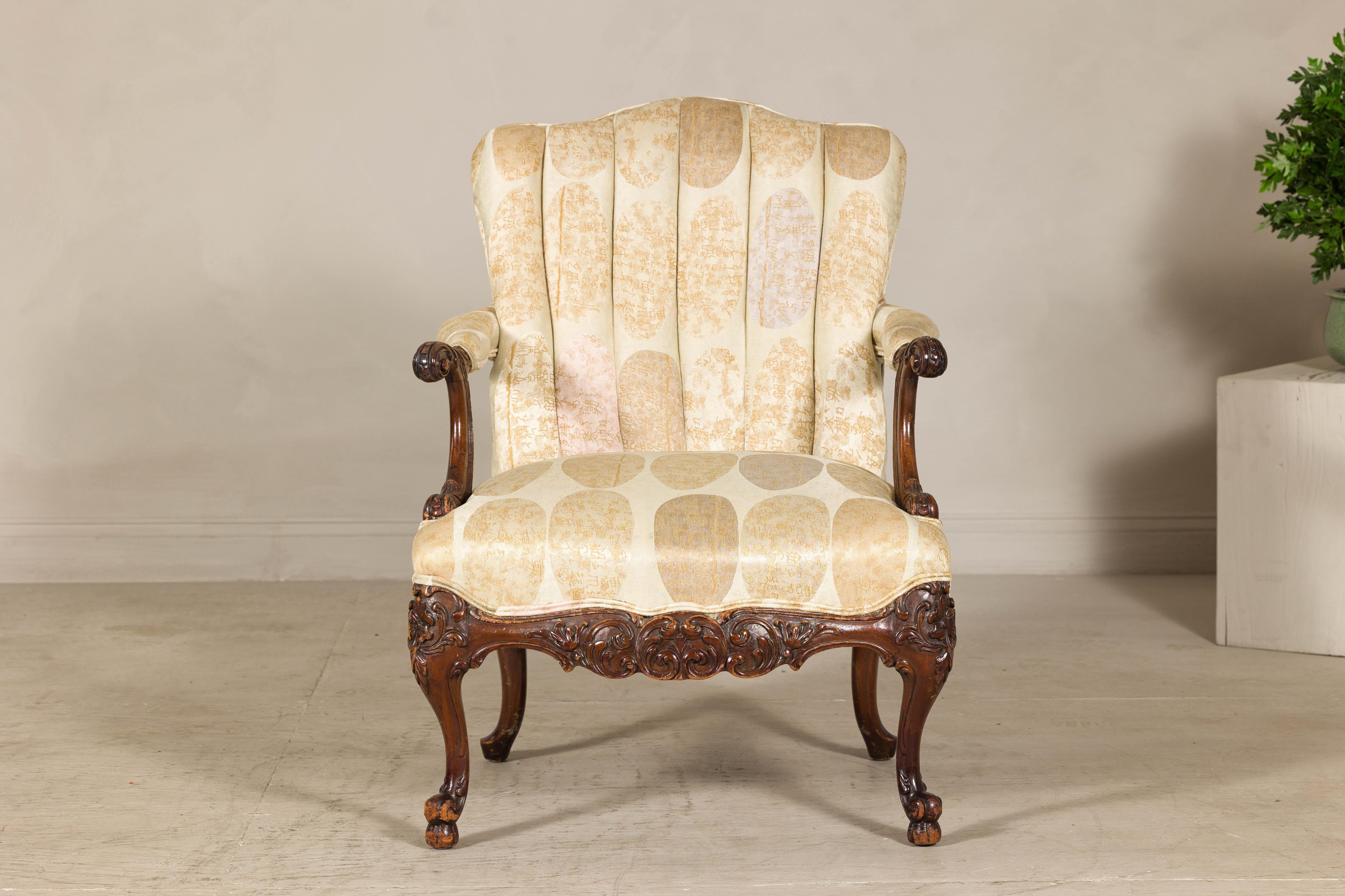 Channel-Tufted Armchair with Carved Frame and Calligraphy Motif Upholstery For Sale 8