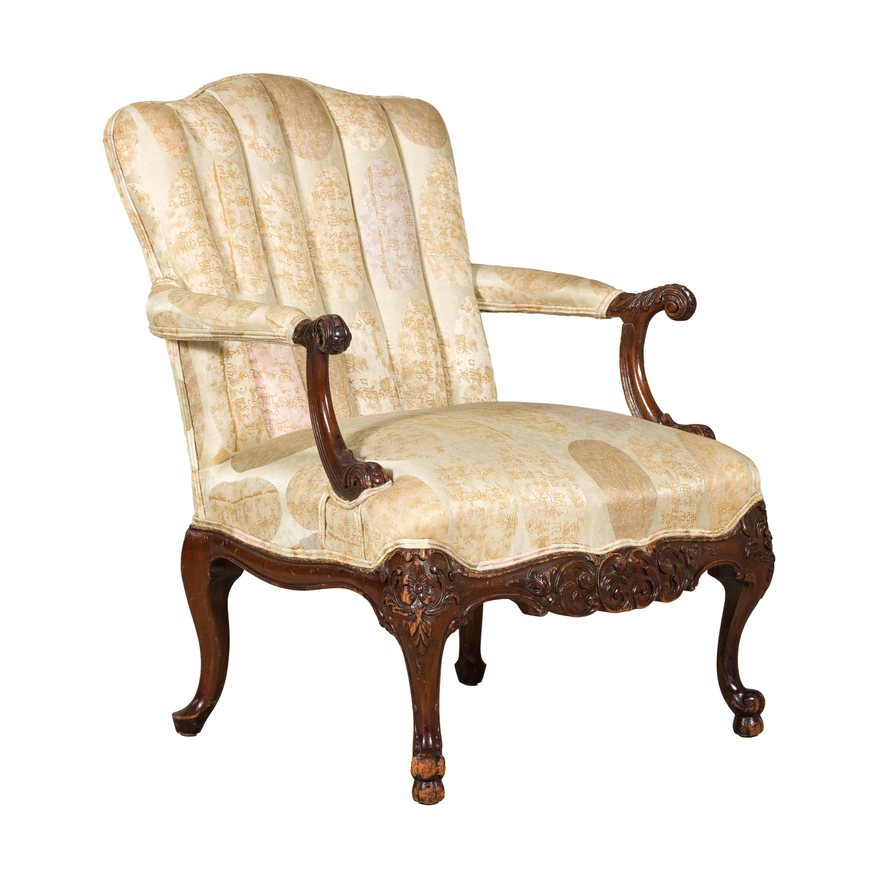 Channel-Tufted Armchair with Carved Frame and Calligraphy Motif Upholstery For Sale 9