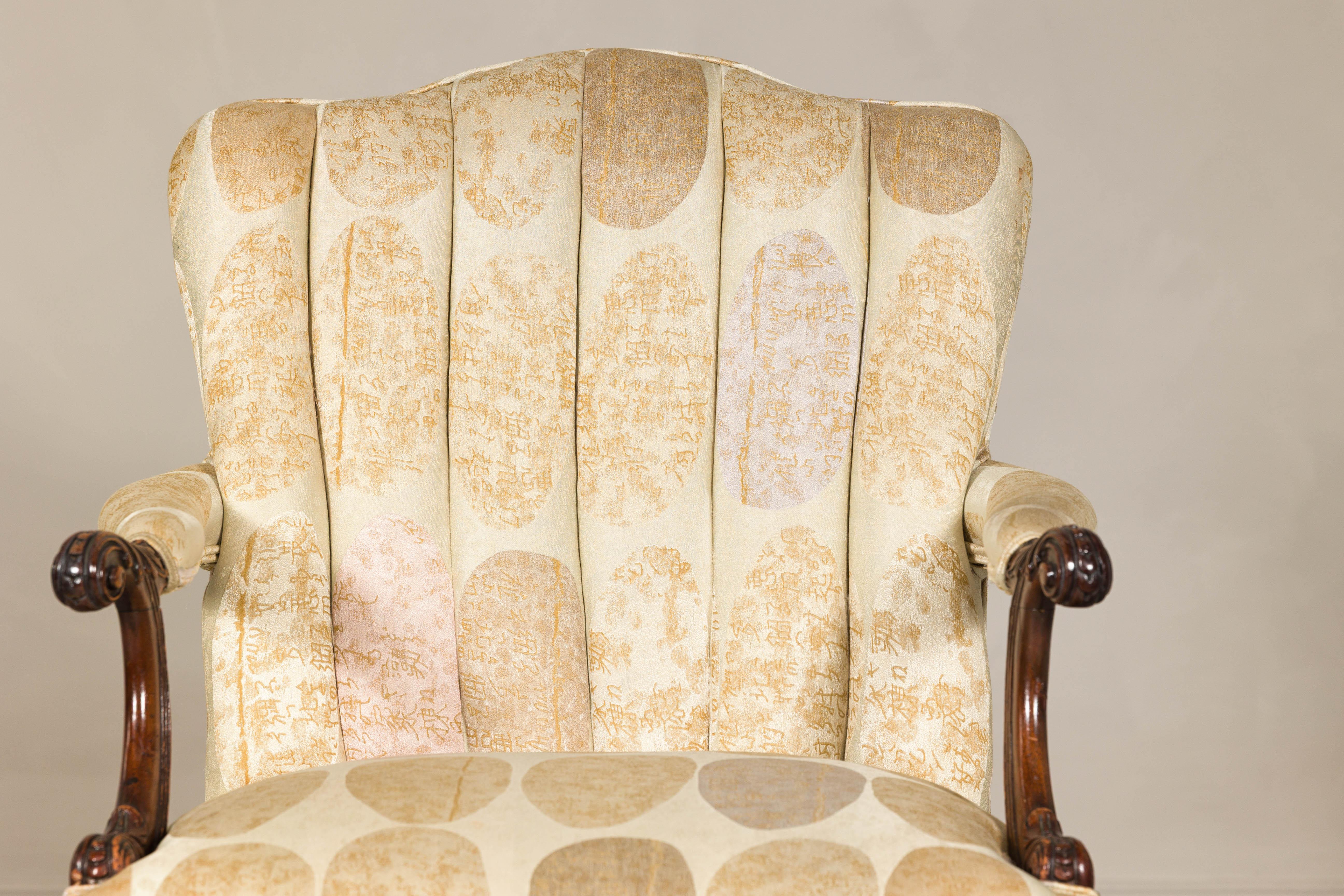 Louis XV Channel-Tufted Armchair with Carved Frame and Calligraphy Motif Upholstery For Sale