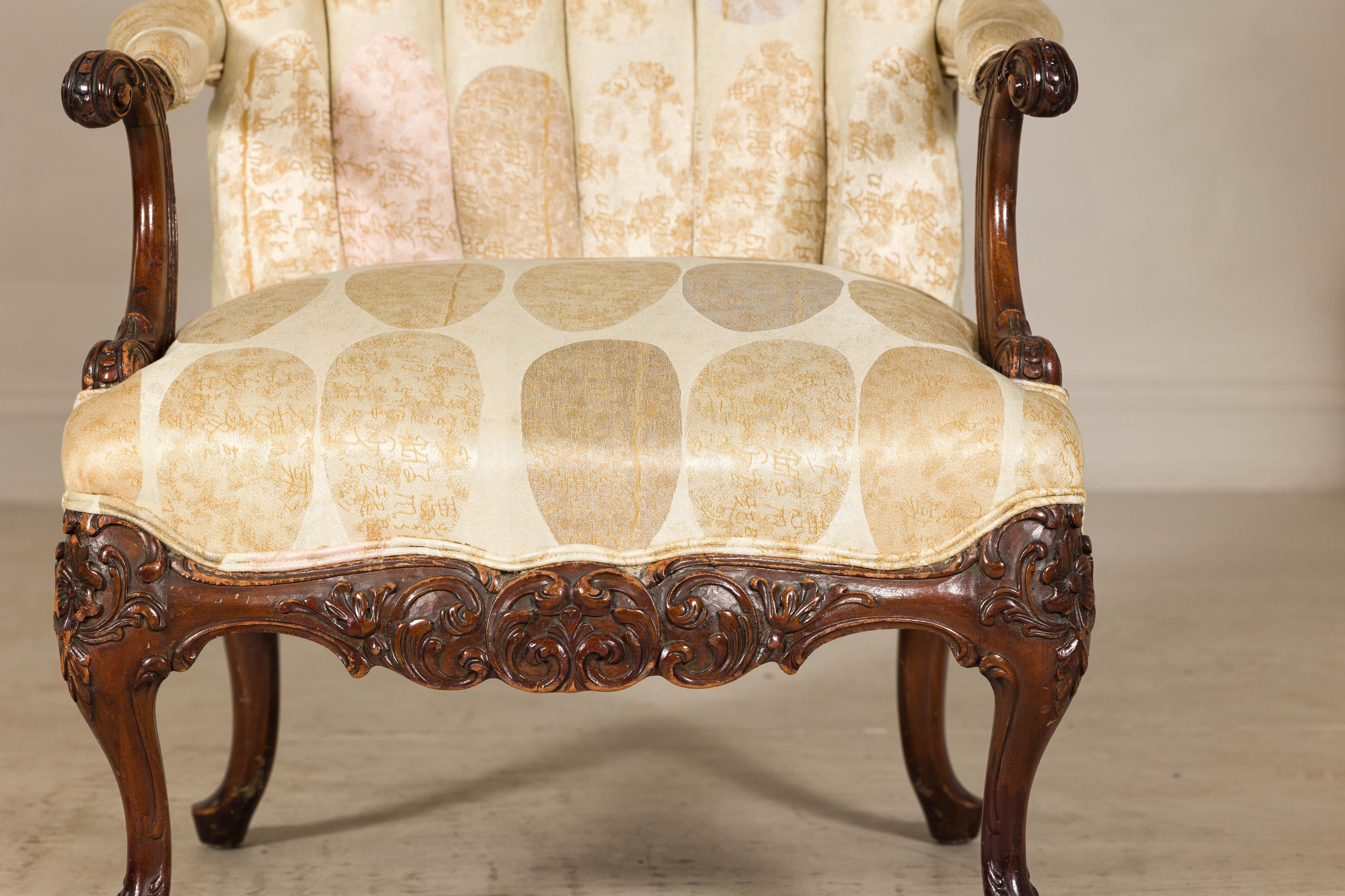 Channel-Tufted Armchair with Carved Frame and Calligraphy Motif Upholstery In Good Condition For Sale In Yonkers, NY