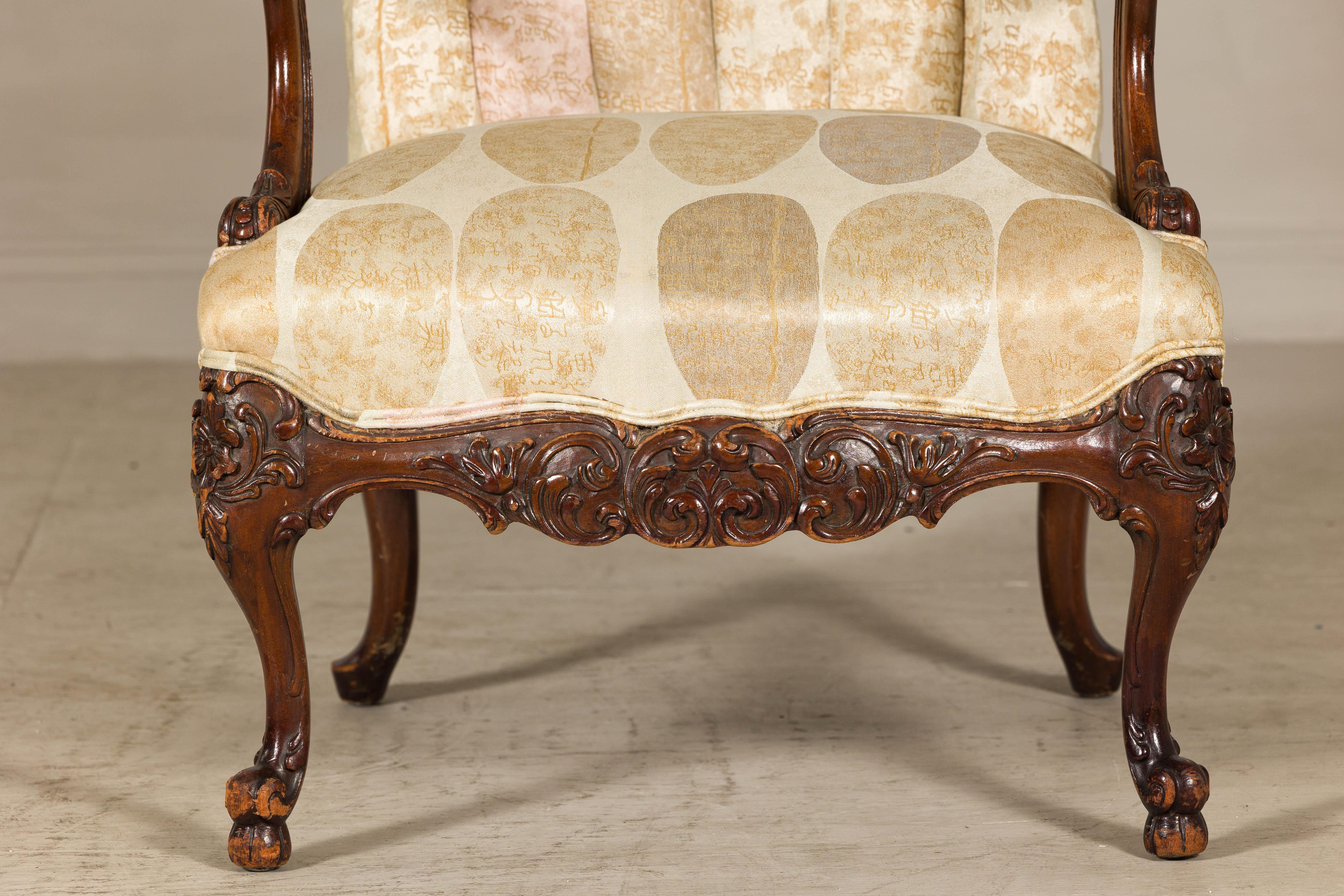 Fabric Channel-Tufted Armchair with Carved Frame and Calligraphy Motif Upholstery For Sale