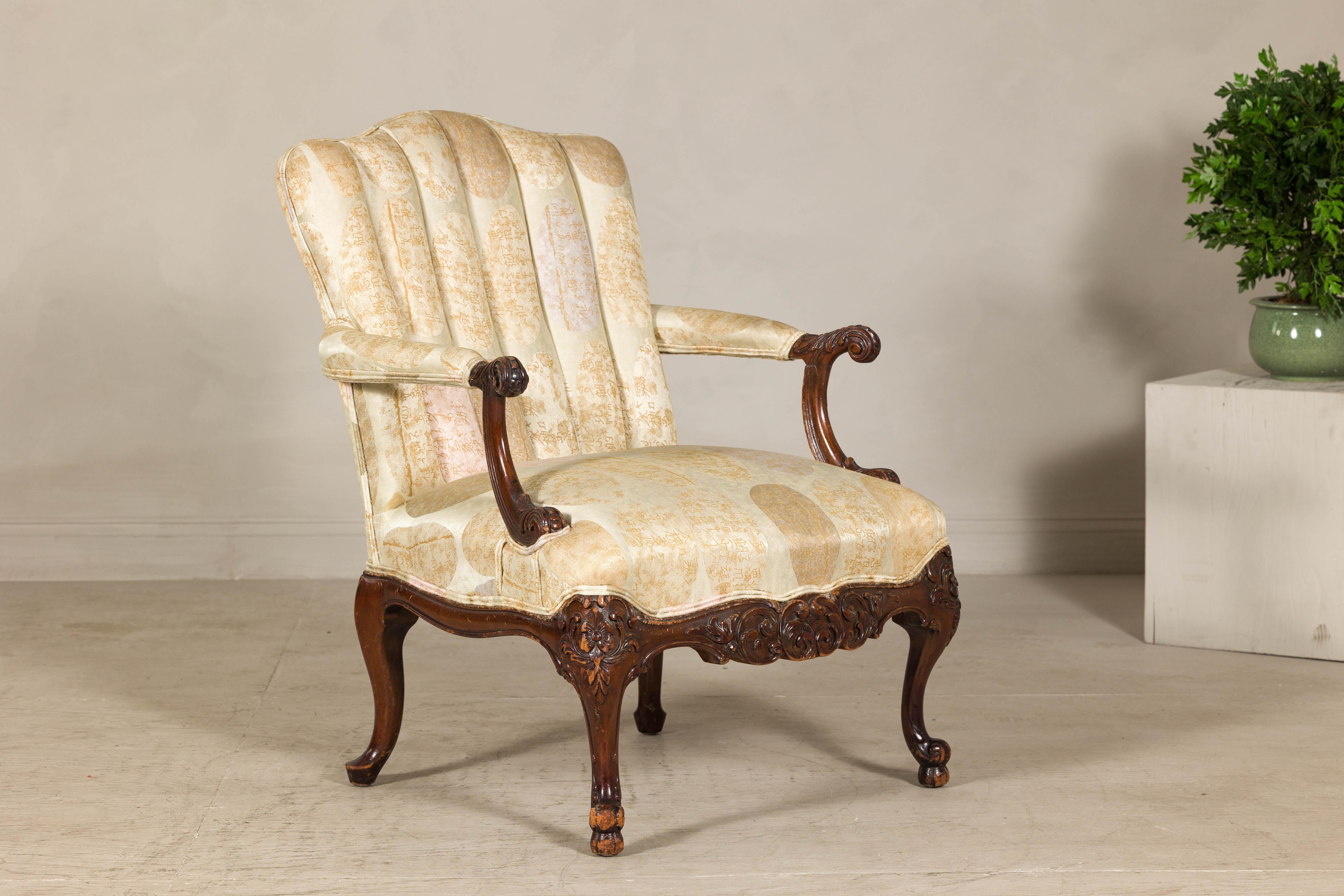 Channel-Tufted Armchair with Carved Frame and Calligraphy Motif Upholstery For Sale 1