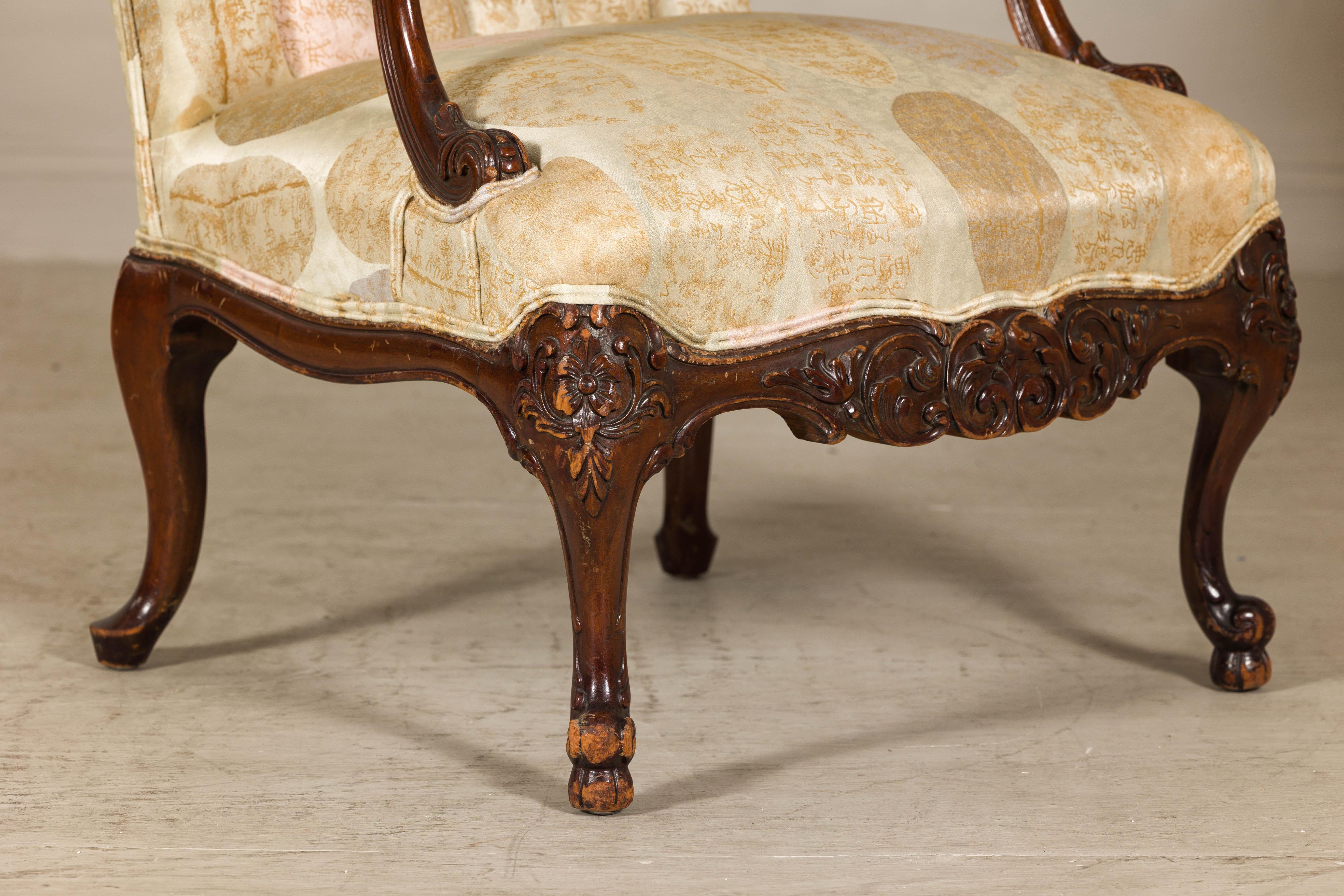 Channel-Tufted Armchair with Carved Frame and Calligraphy Motif Upholstery For Sale 2