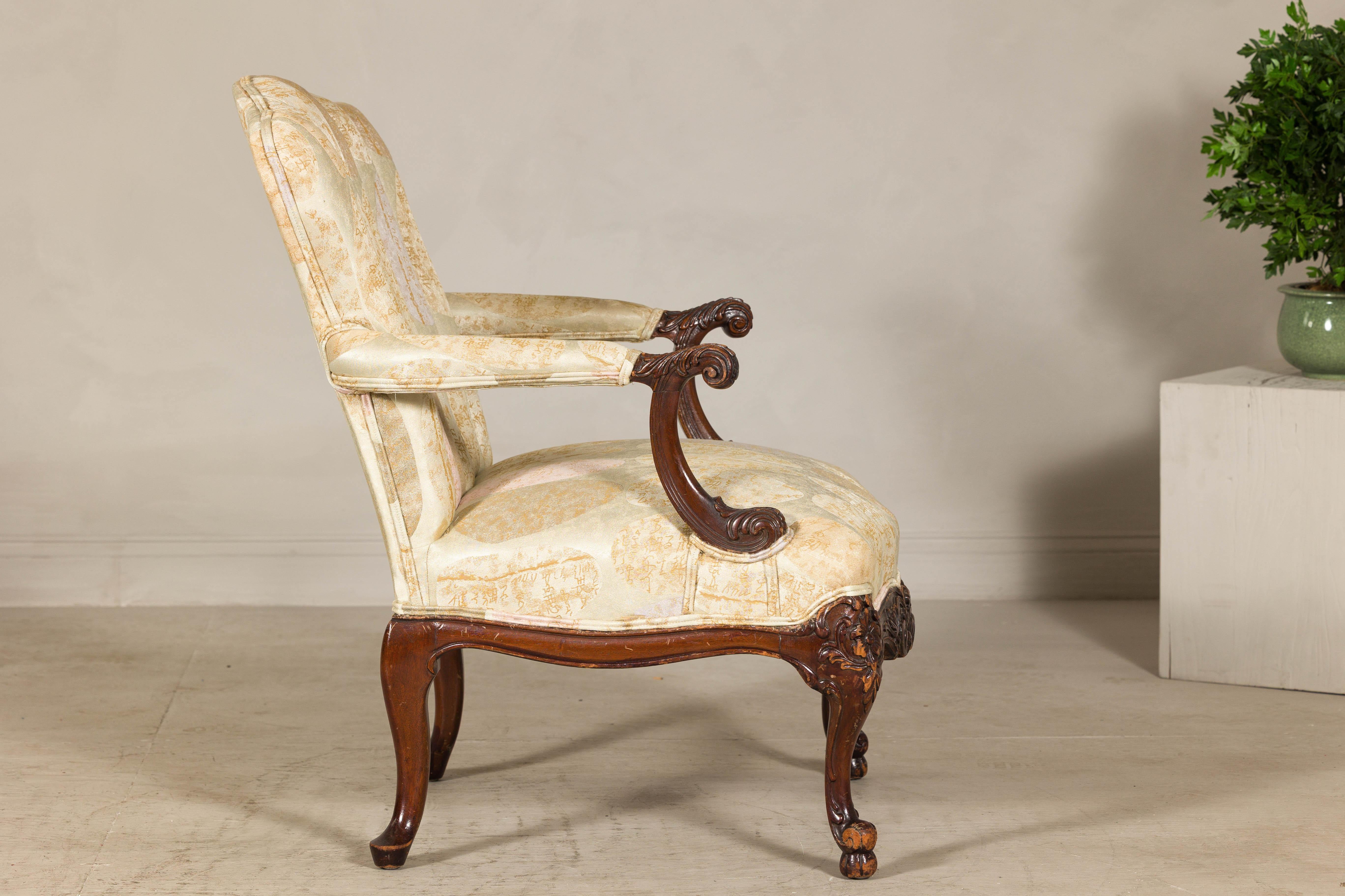 Channel-Tufted Armchair with Carved Frame and Calligraphy Motif Upholstery For Sale 3