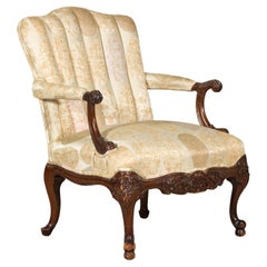 Channel-Tufted Armchair with Carved Frame and Calligraphy Motif Upholstery