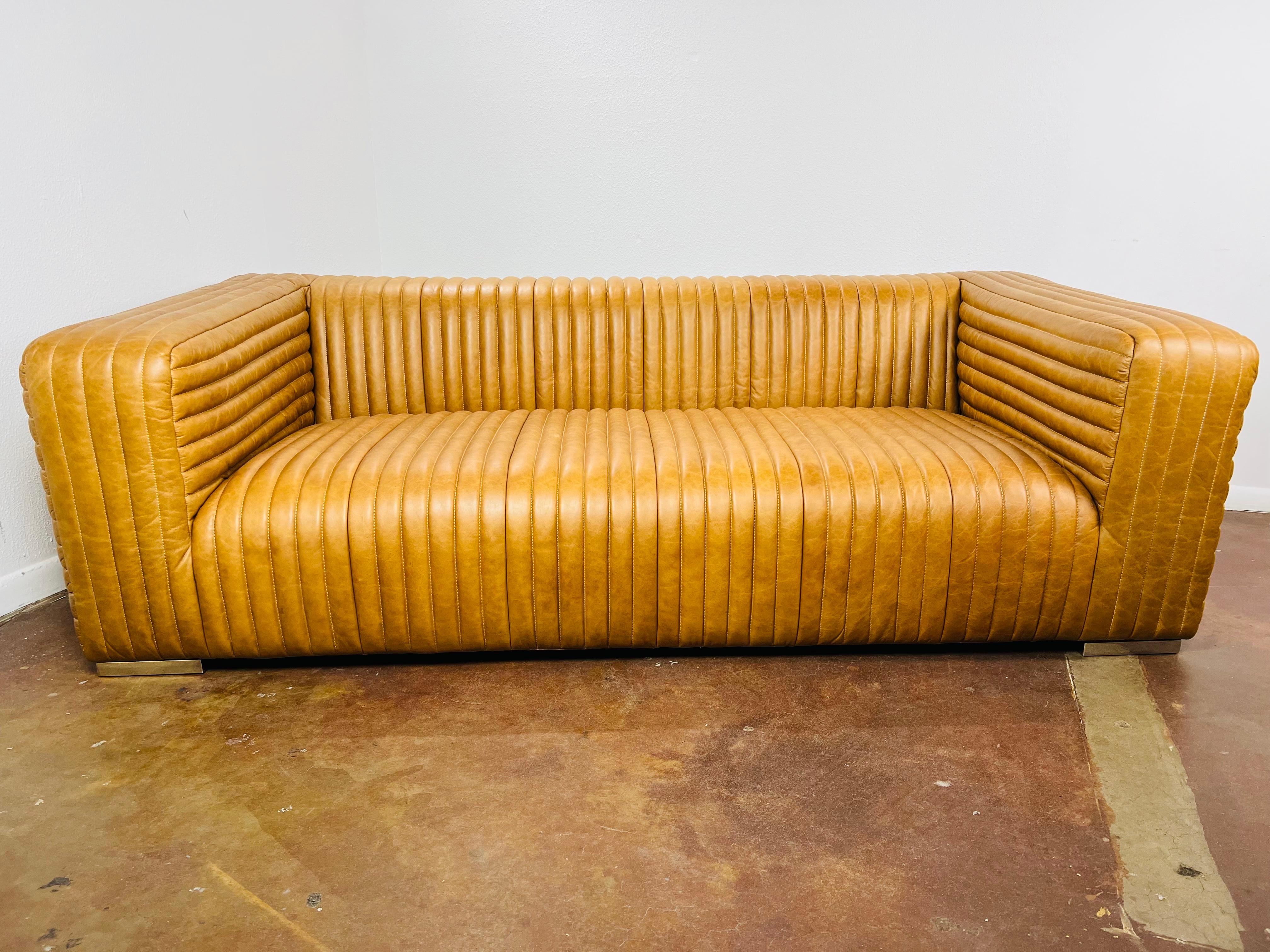Channeled Caramel Leather Sofa In Good Condition In Dallas, TX
