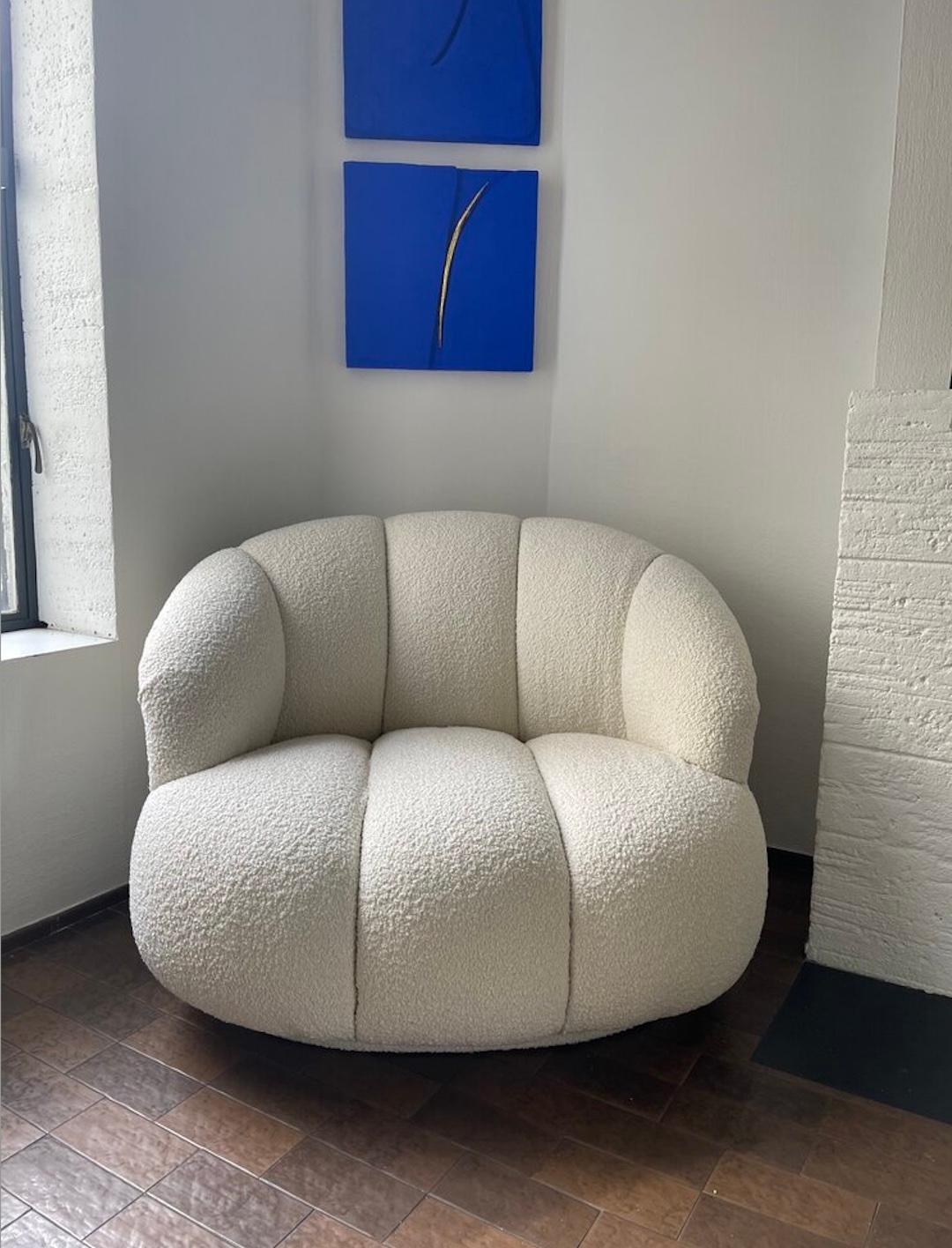 Mid-Century Modern Channeled Lounge Chair by A.Rudin in Italian Ivory Bouclé, 1980s