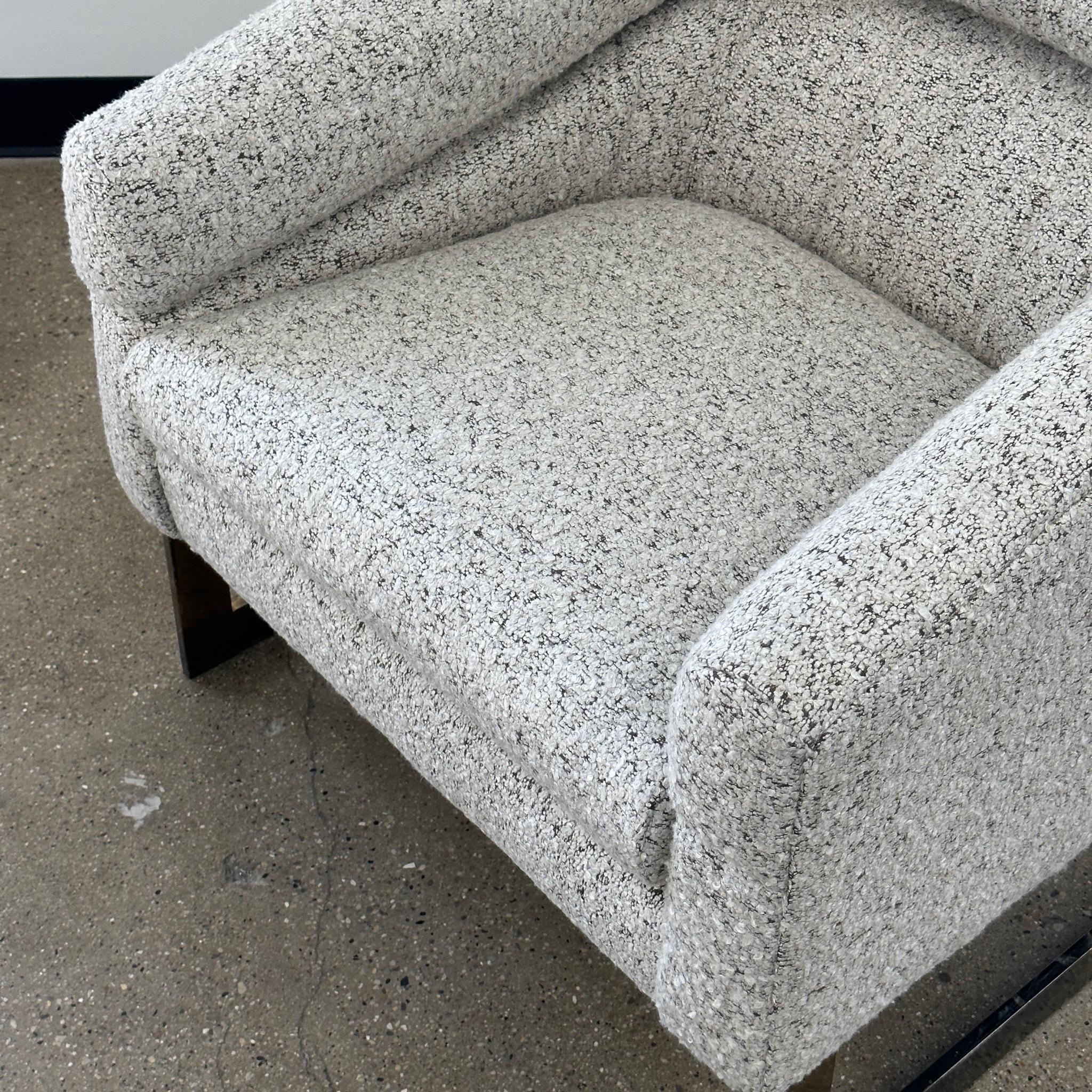 c. 1970s. Brass base with new nubby wool upholstery. Designed by Kipp Stewart for Directional. 